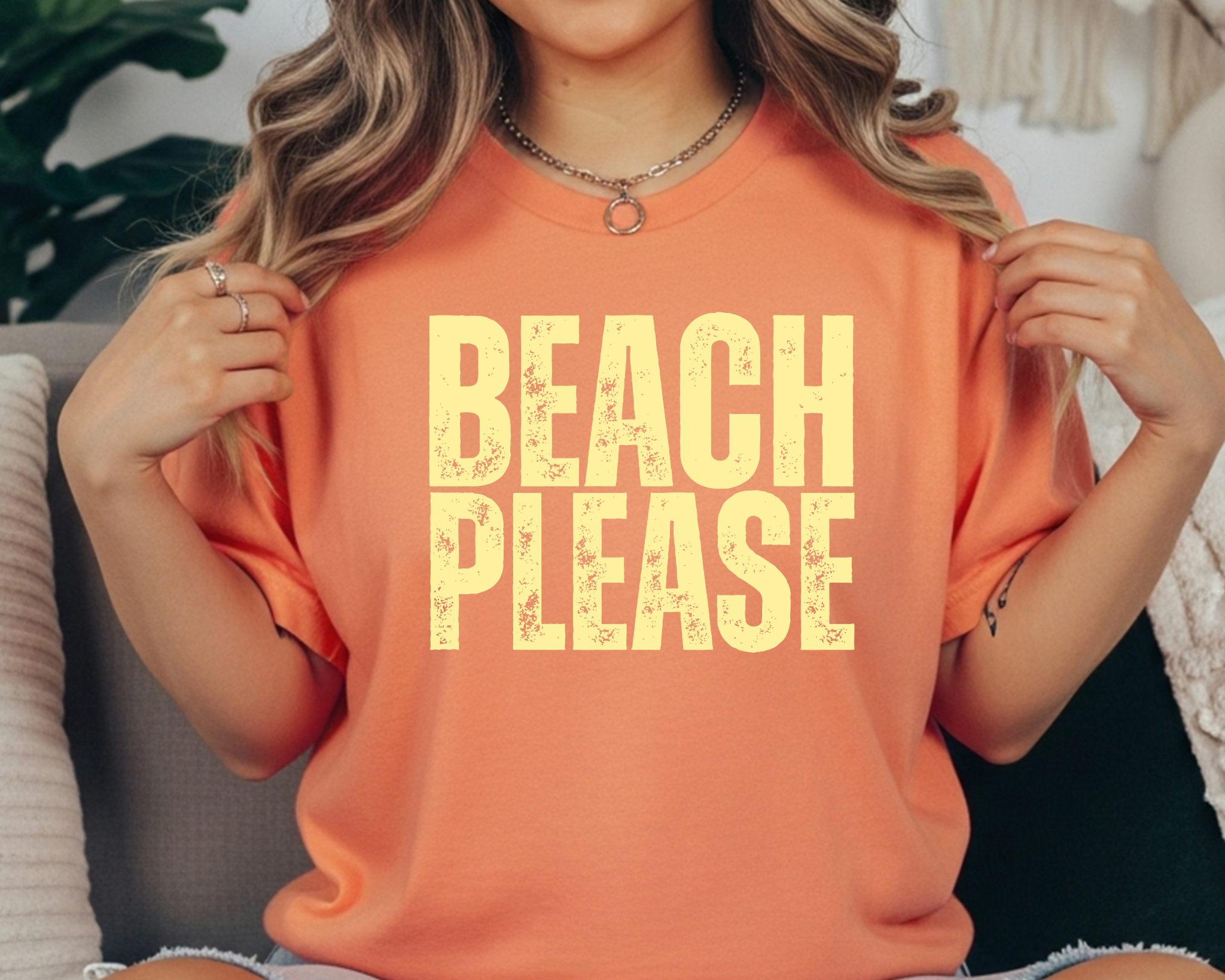 Comfort Colors t-shirt with cream distressed stacked text that reads “BEACH PLEASE.”