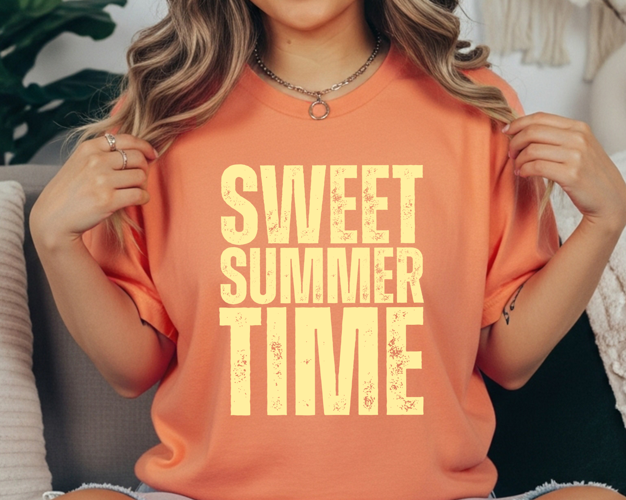 Comfort Colors t-shirt with cream distressed stacked text that reads “SWEET SUMMER TIME.”