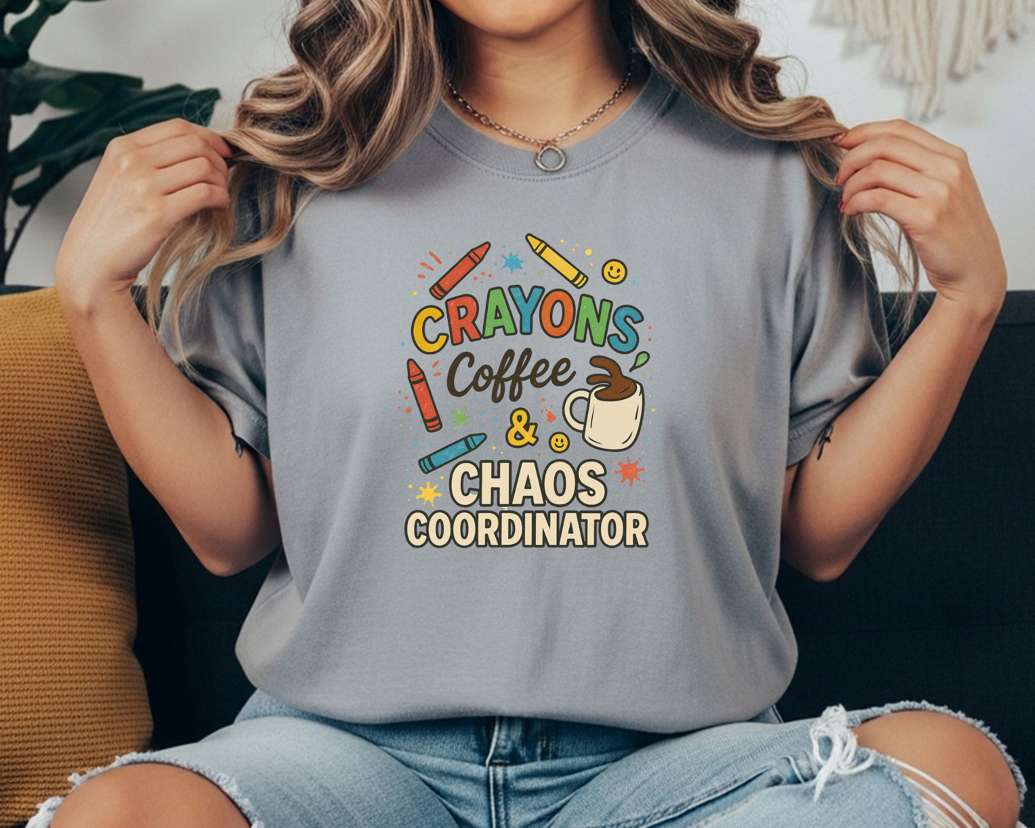 Comfort Colors tee with “Crayons, Coffee & Chaos Coordinator” in colorful text and classroom doodles.