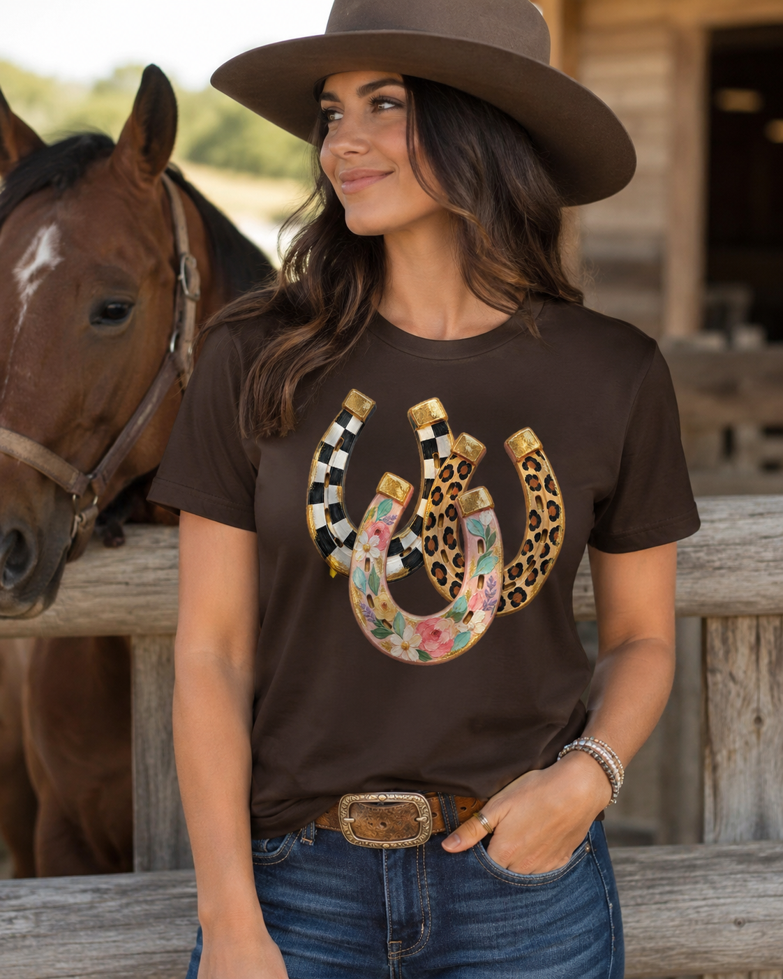 A woman wearing a brown cowboy hat and a dark brown graphic t-shirt with a colorful horseshoe design, standing in front of a wooden fence with a horse in the background.