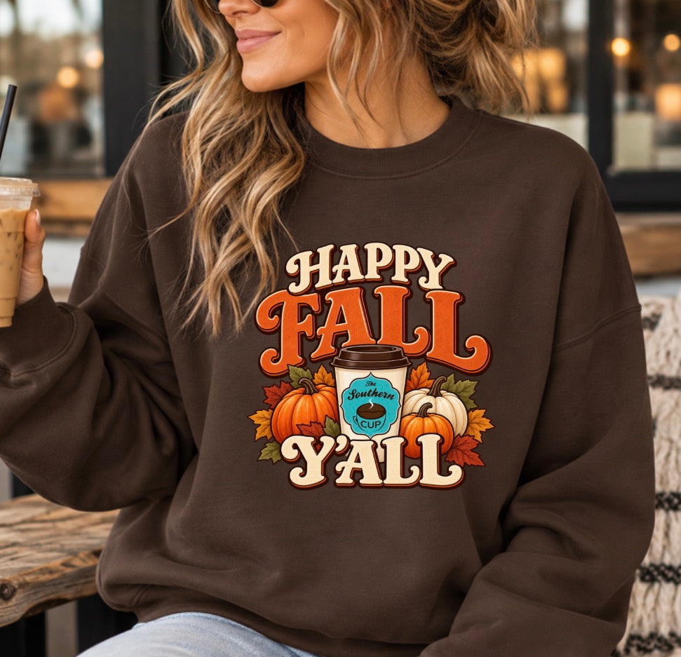 Happy Fall Y’all Southern Cup Coffee Gildan Crewneck Sweatshirt