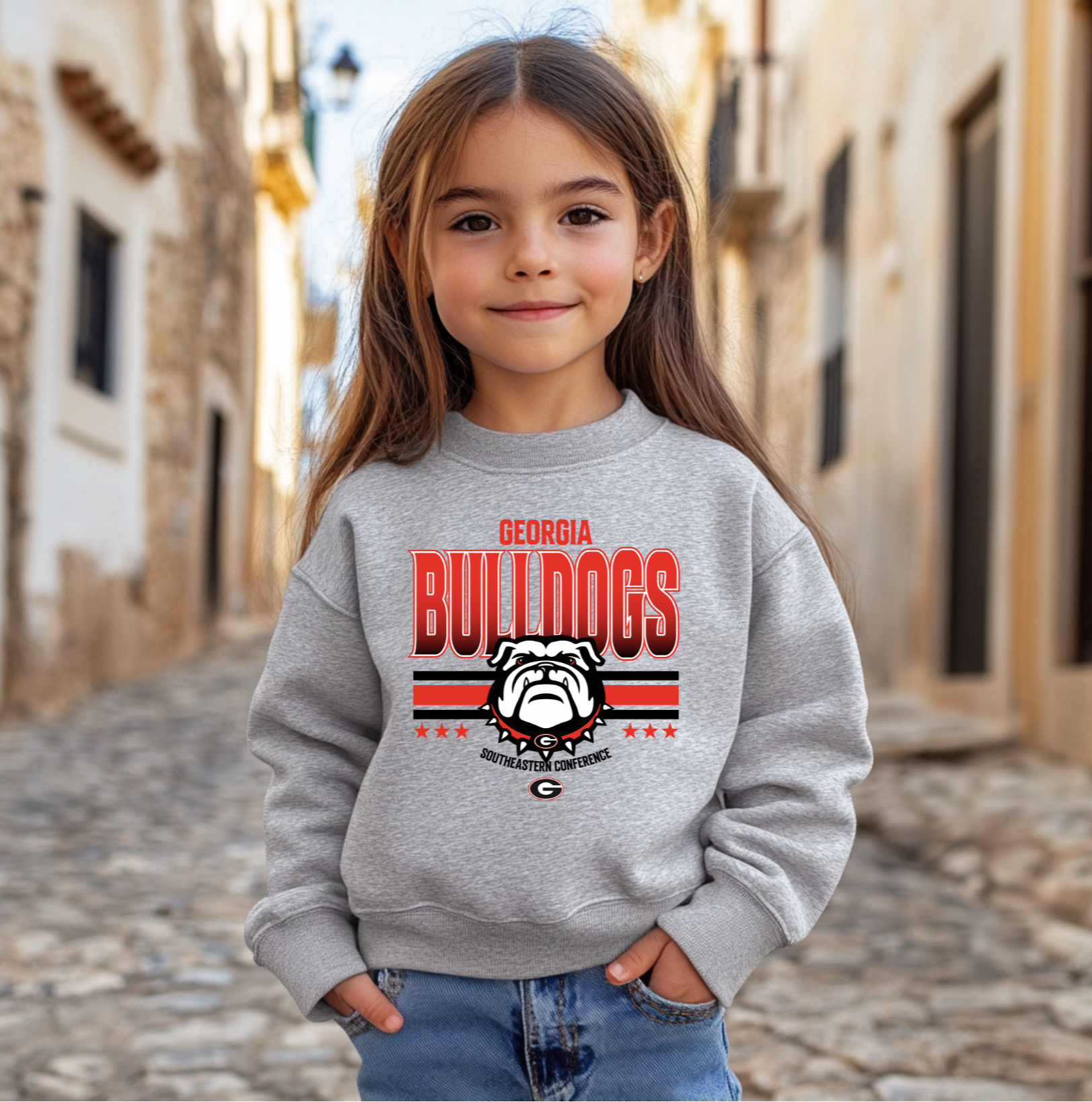 A youth-sized Georgia Bulldogs-inspired crewneck sweatshirt with bold red and black graphics and a bulldog design, made for kids who love showing their game day spirit.