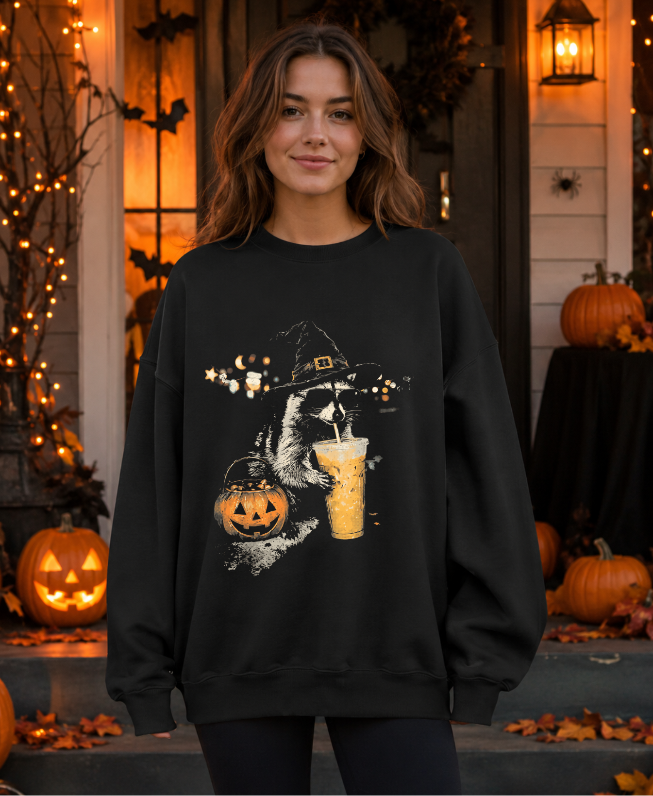 A woman wearing a black crewneck sweatshirt with a Halloween graphic of a cat in a witch hat next to a jack-o'-lantern and an iced coffee, posed in front of a decorated Halloween porch with pumpkins and string lights.