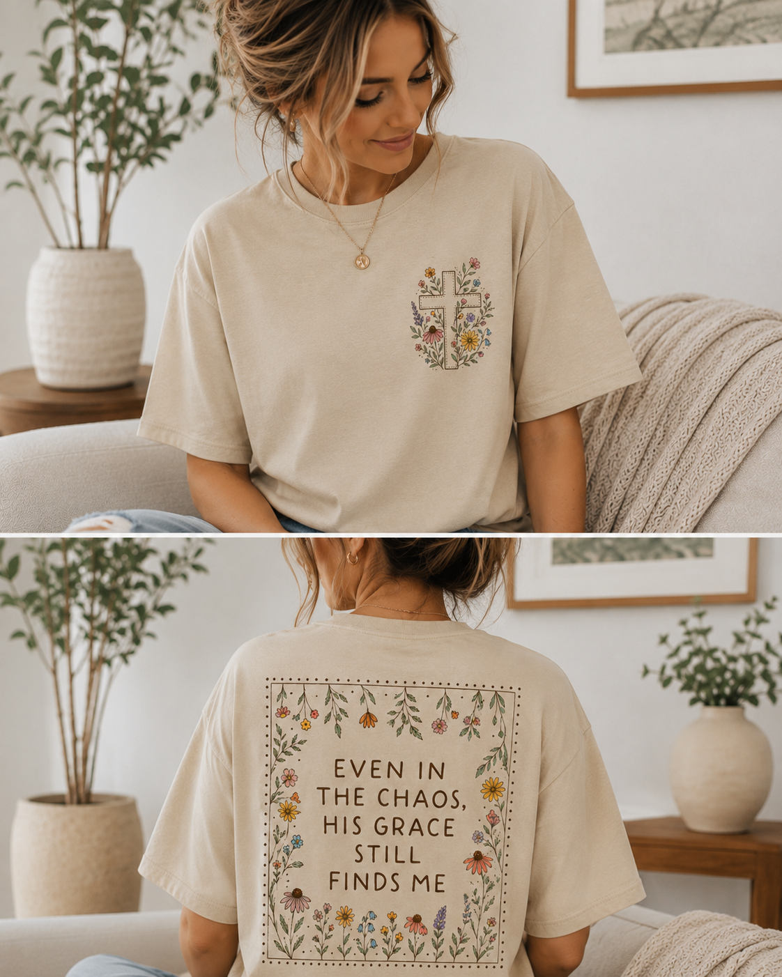 Even in the Chaos, His Grace Still Finds Me Floral Christian Tee - Faith Based Graphic Shirt - Gildan Unisex Fit Boutique Tee
