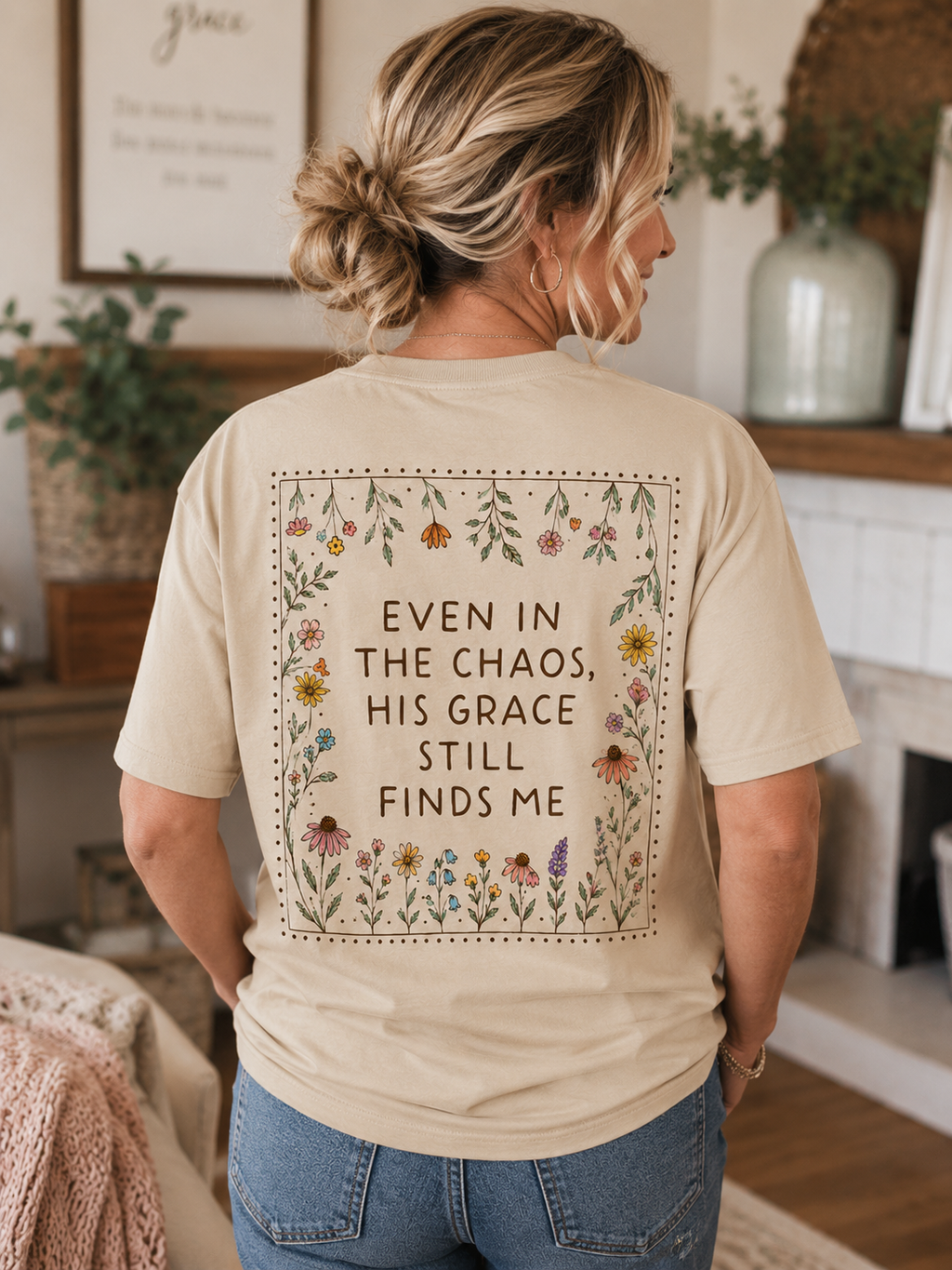 Even in the Chaos, His Grace Still Finds Me Floral Christian Tee - Faith Based Graphic Shirt - Gildan Unisex Fit Boutique Tee