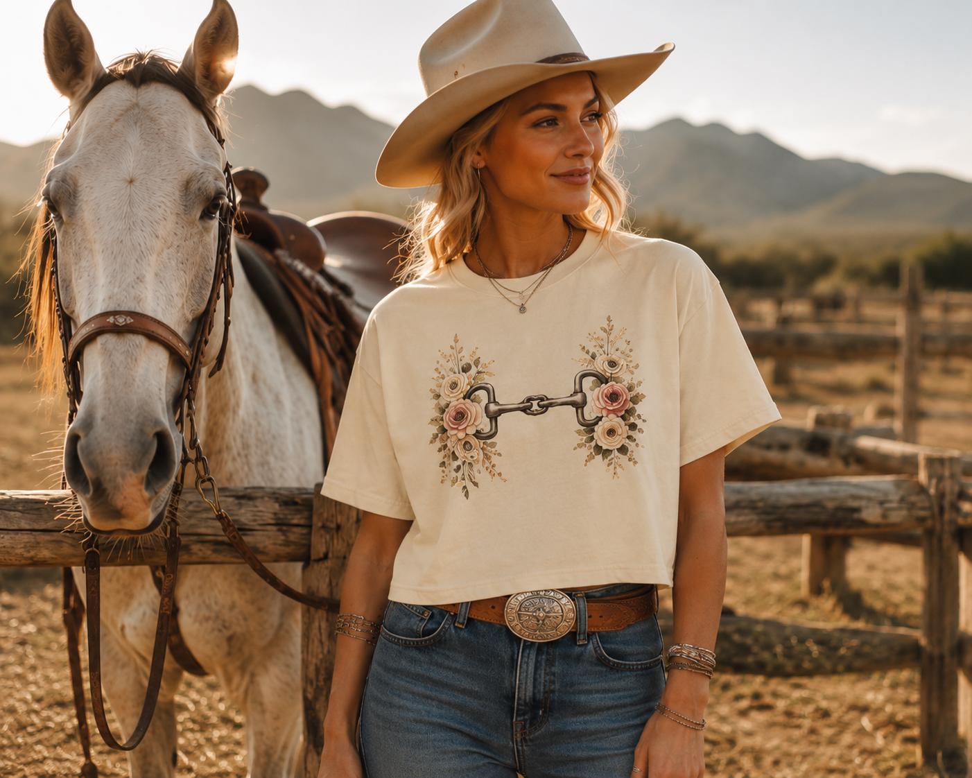 loral Horse Bit Western Boxy Tee - Women’s Fine Jersey Boutique Cowgirl Shirt - Elevated Western Graphic Tee