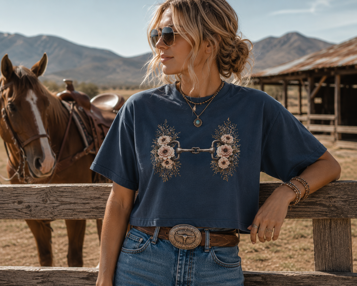 Floral Horse Bit Western Boxy Tee - Women’s Fine Jersey Boutique Cowgirl Shirt - Elevated Western Graphic Tee