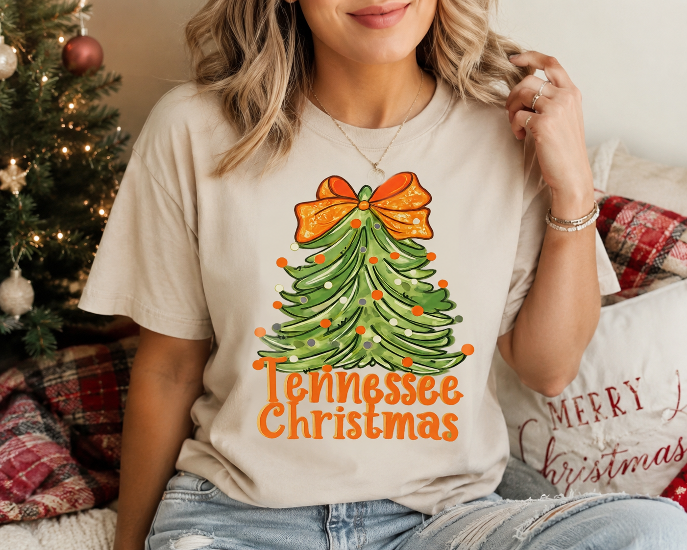 Tennessee Christmas Tree Graphic Tee with Orange Bow on Sand Gildan Unisex Shirt