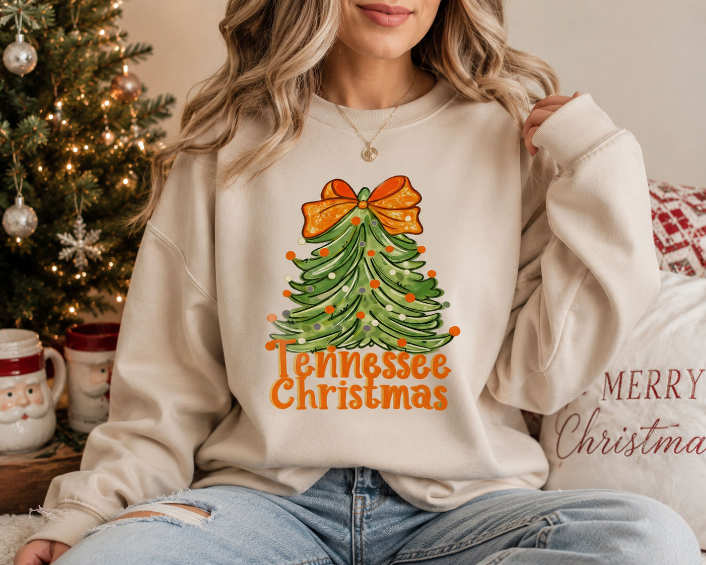 Tennessee Christmas Tree Graphic Sweatshirt with Orange Bow on Sand Gildan Unisex Crewneck