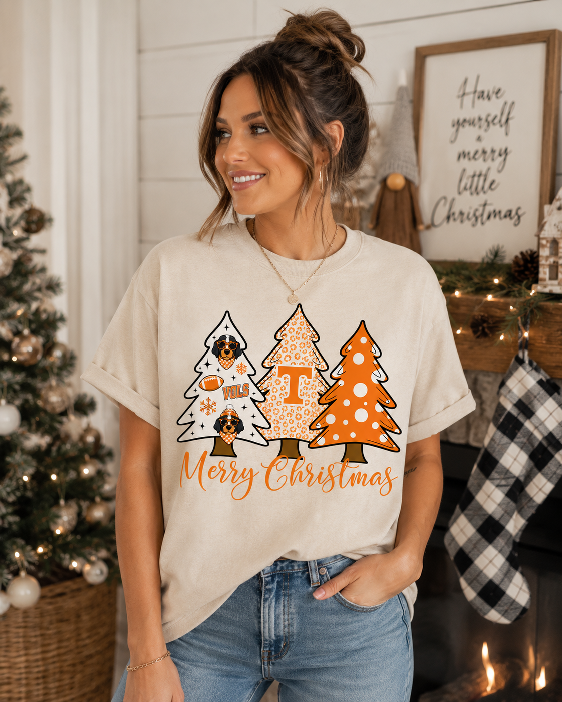 VOLS Merry Christmas Tree Graphic Tee on Sand Gildan Unisex Shirt with Tennessee Orange Holiday Design
