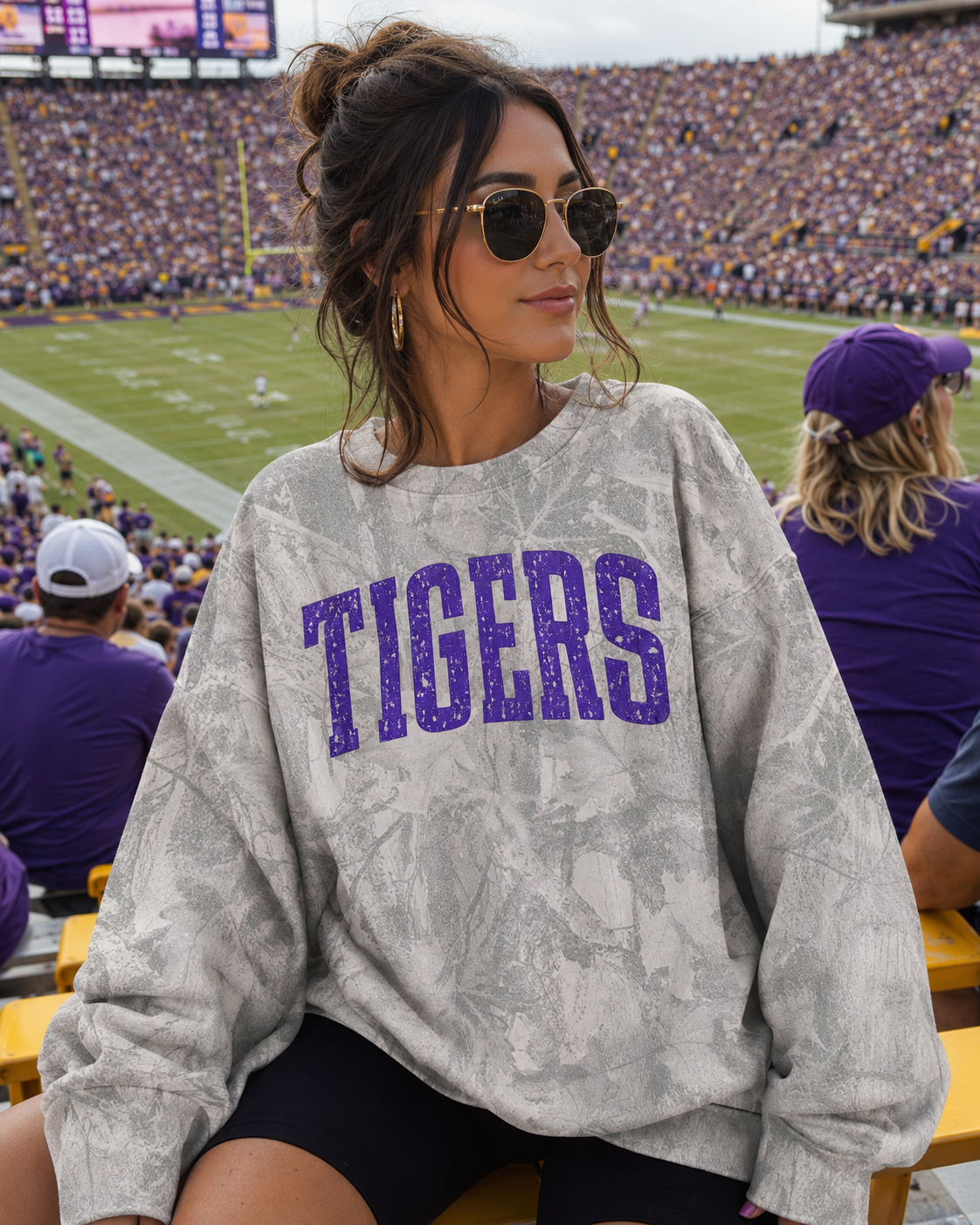 Distressed TIGERS Camo Sweatshirt - Purple Game Day Crewneck - Boutique Football Pullover