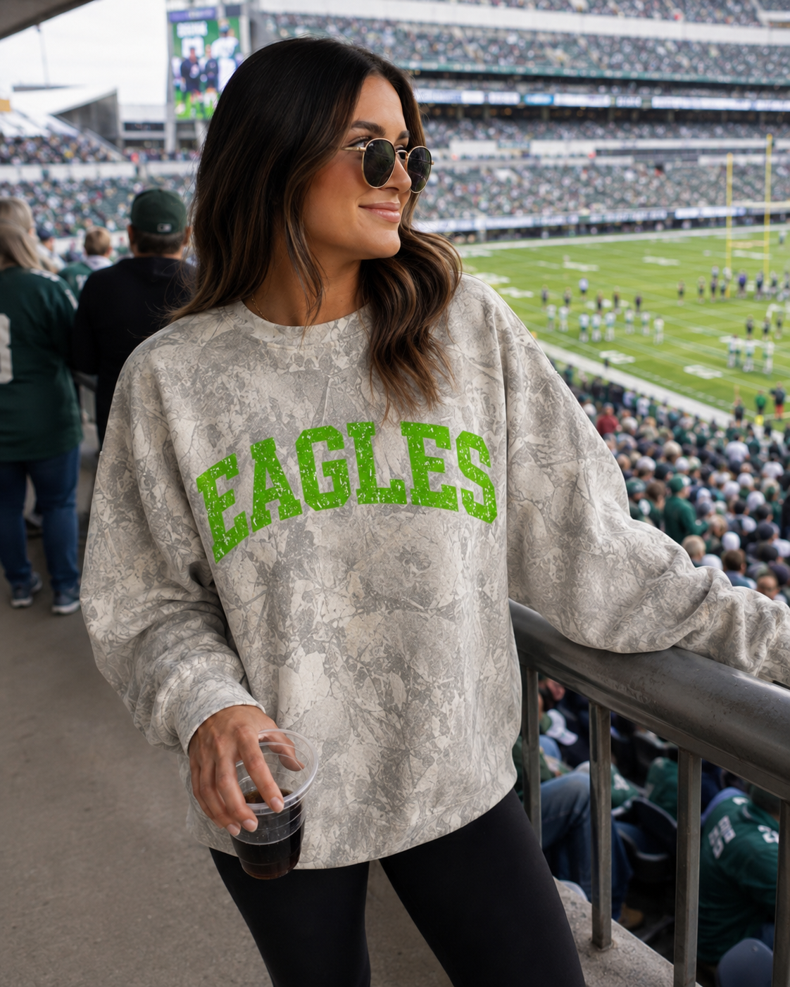 EAGLES Distressed Camo Sweatshirt - Green Game Day Crewneck - Boutique Football Pullover