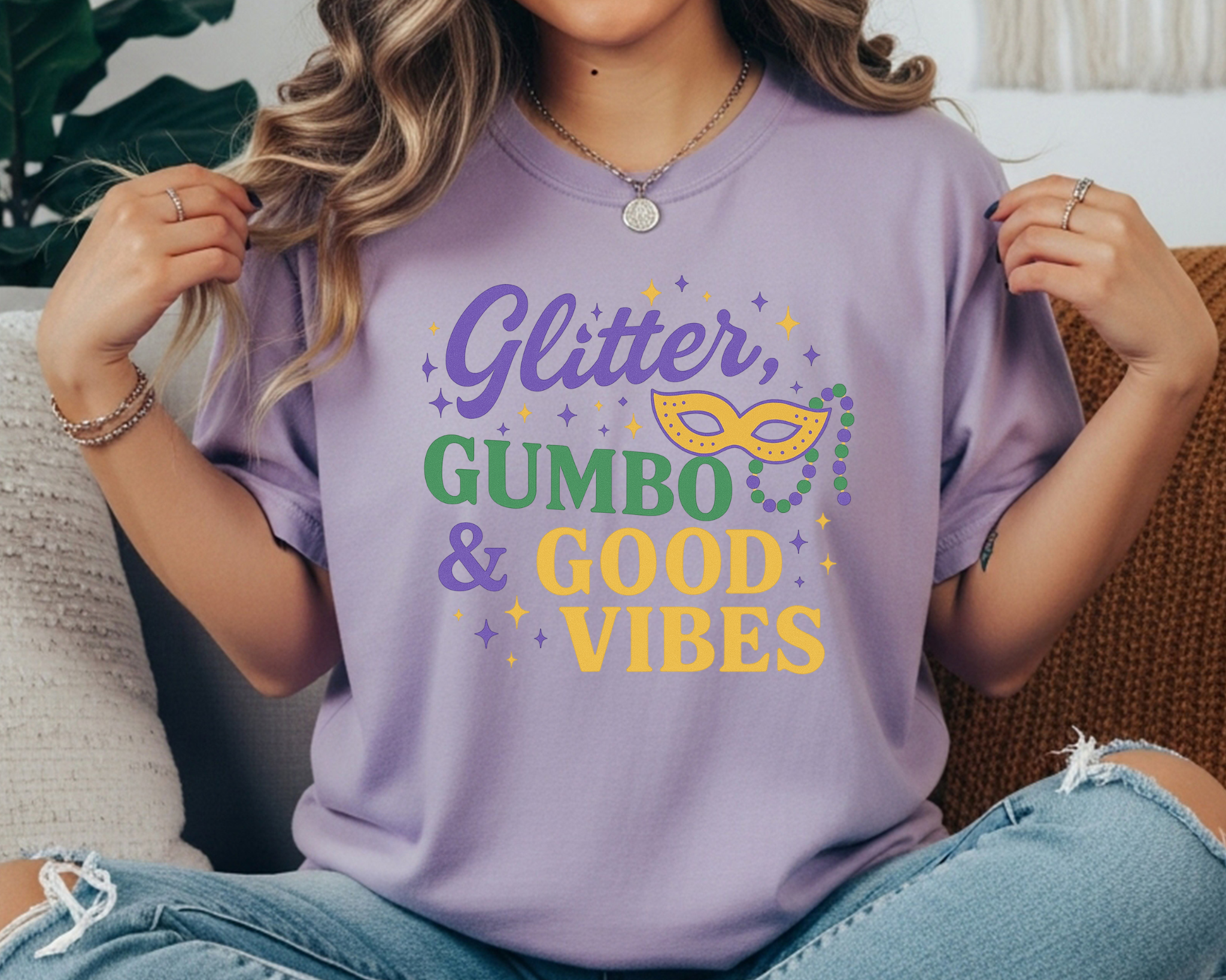 Glitter, Gumbo & Good Vibes Comfort Colors Tee | Mardi Gras Shirt