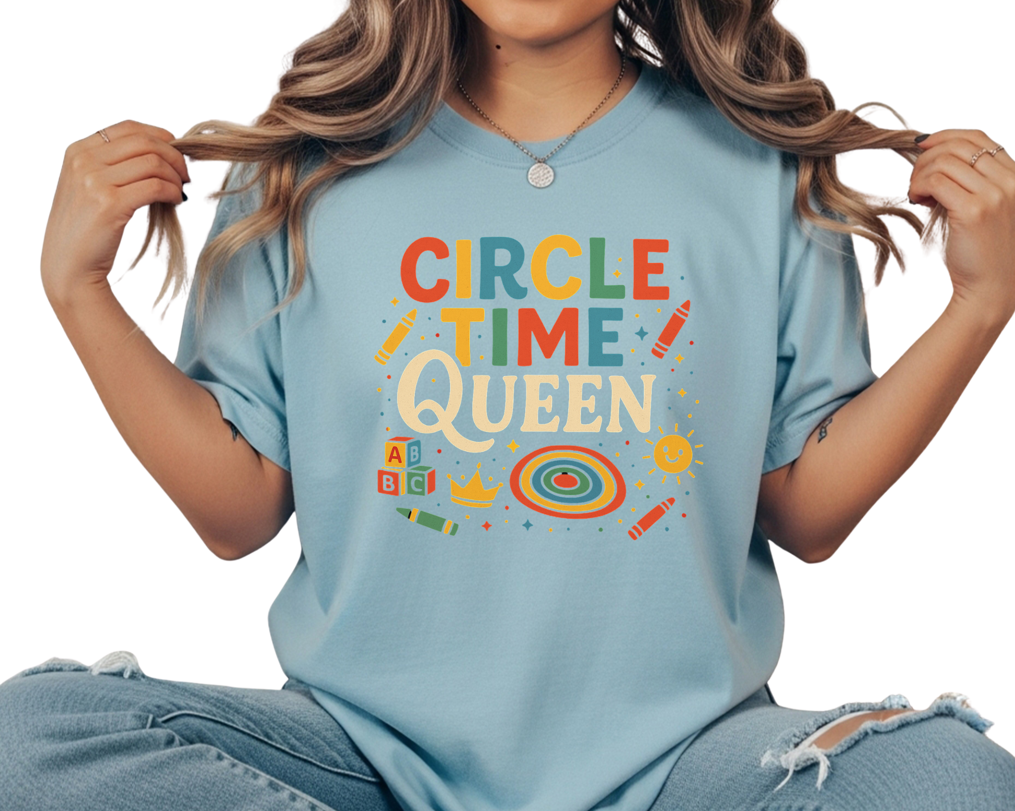 Light blue Comfort Colors t-shirt with “Circle Time Queen” in colorful letters, crayons, and ABC block design.