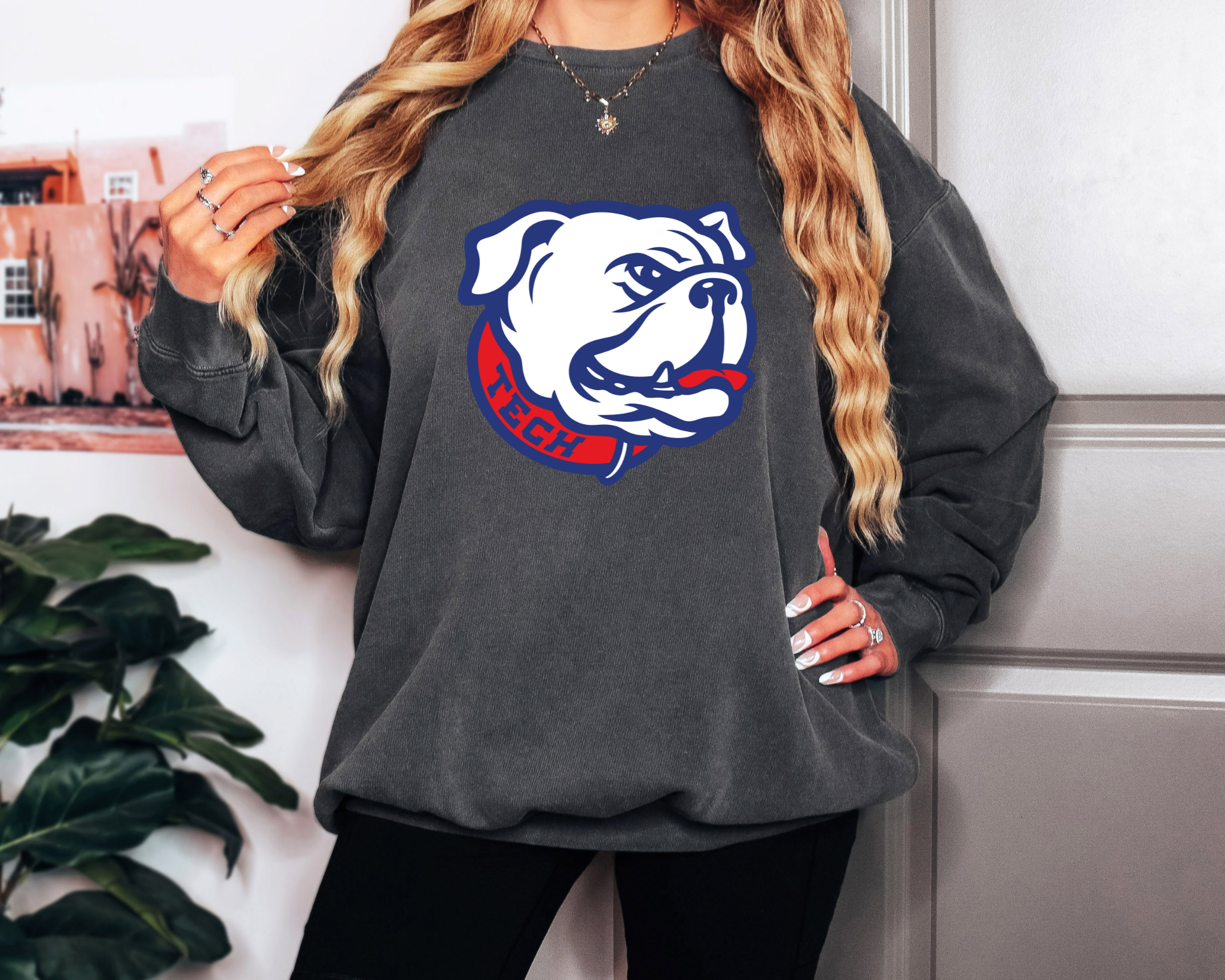 Louisiana Tech Bulldogs Comfort Colors crewneck sweatshirt in dark charcoal featuring a classic bulldog head logo with TECH lettering.