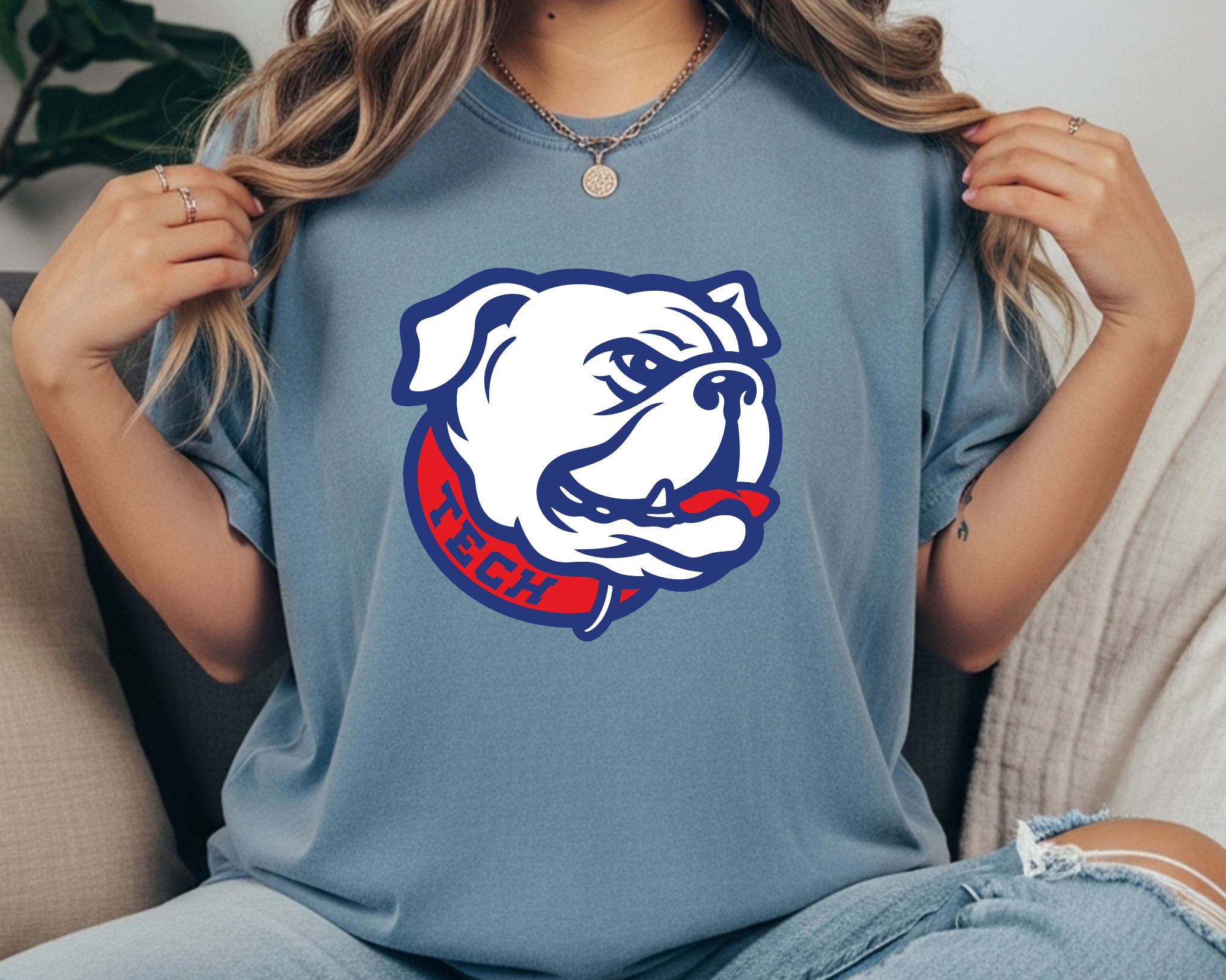 Louisiana Tech Bulldogs Comfort Colors t-shirt in slate blue featuring a vintage bulldog mascot graphic in red, white, and navy.