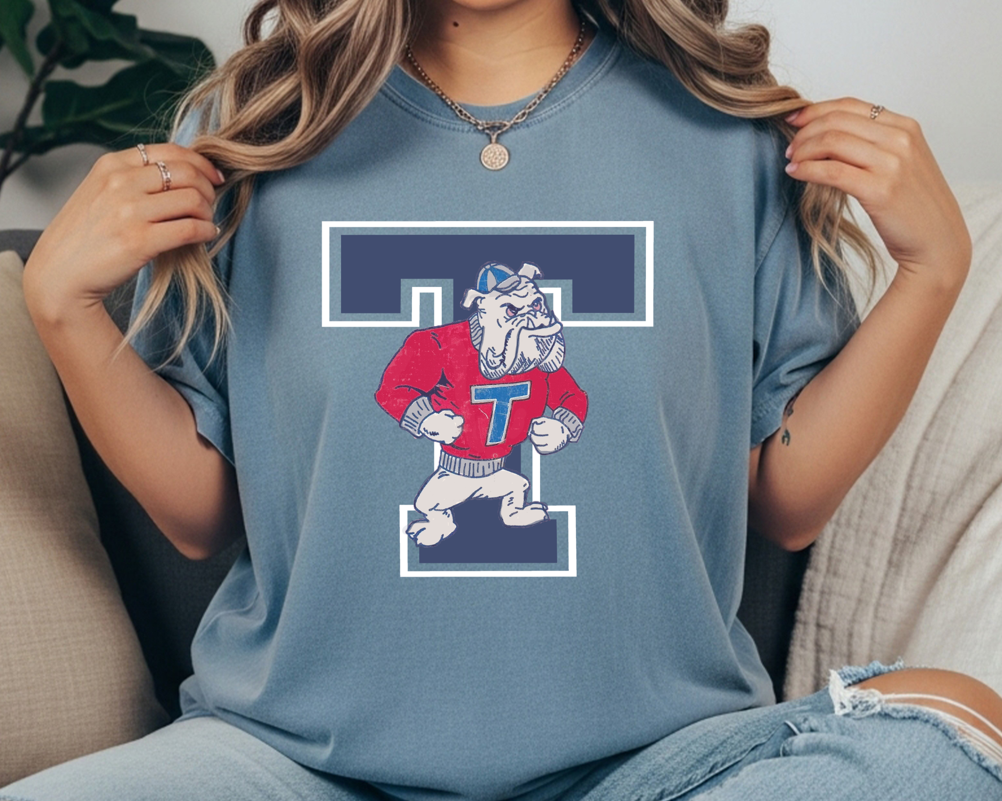 Louisiana Tech Bulldogs Comfort Colors t-shirt in slate blue featuring a vintage bulldog mascot inside a navy and white block T design.