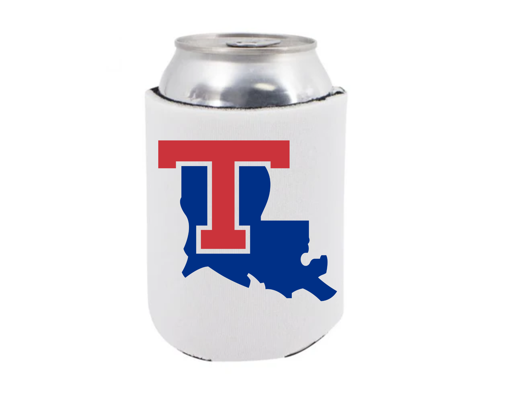Louisiana Tech Bulldogs can koozie featuring a red T logo layered over the blue state of Louisiana on a white insulated drink sleeve.