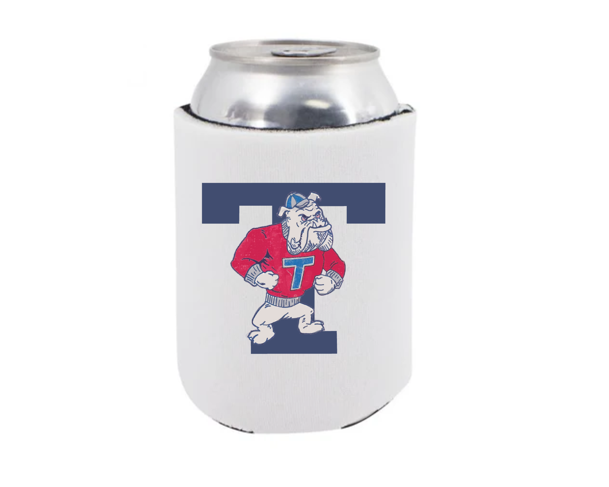 Louisiana Tech Bulldogs can koozie featuring a vintage standing bulldog mascot inside a navy block T on a white insulated drink sleeve.