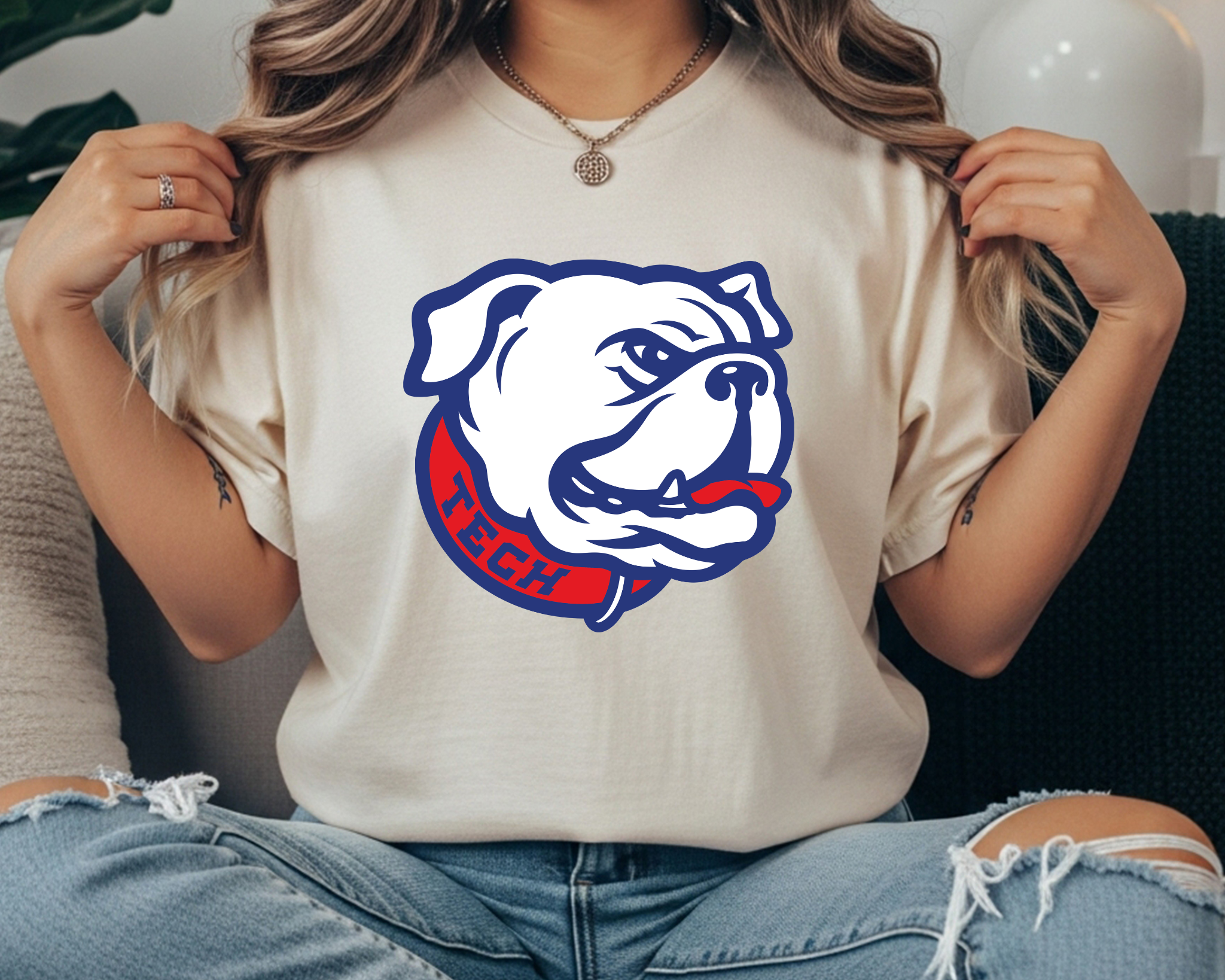 Louisiana Tech Bulldogs Comfort Colors t-shirt in slate blue featuring a vintage bulldog mascot graphic in red, white, and navy.