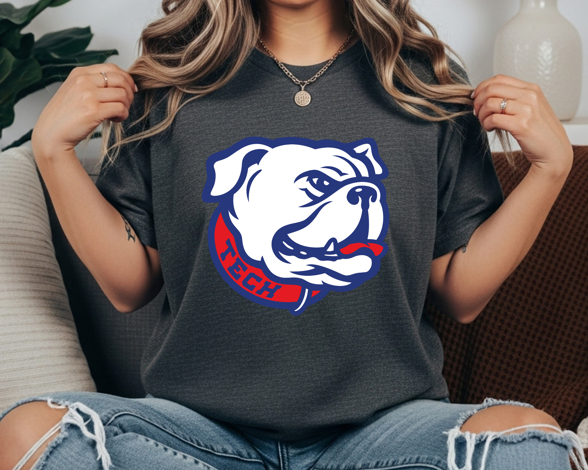 Louisiana Tech Bulldogs Comfort Colors t-shirt in slate blue featuring a vintage bulldog mascot graphic in red, white, and navy.