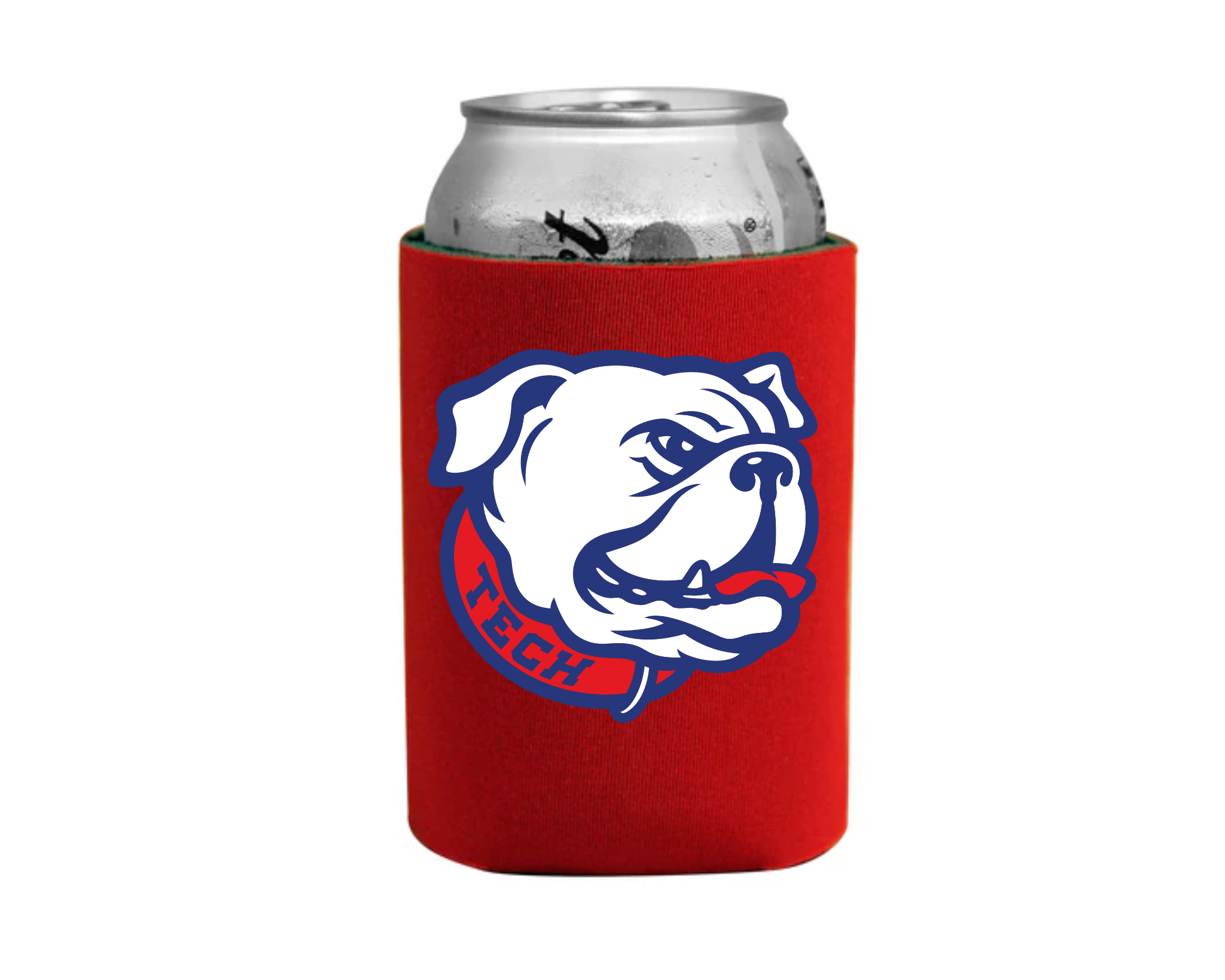 Louisiana Tech Bulldogs red can koozie featuring a classic bulldog head logo with TECH lettering on an insulated drink sleeve.