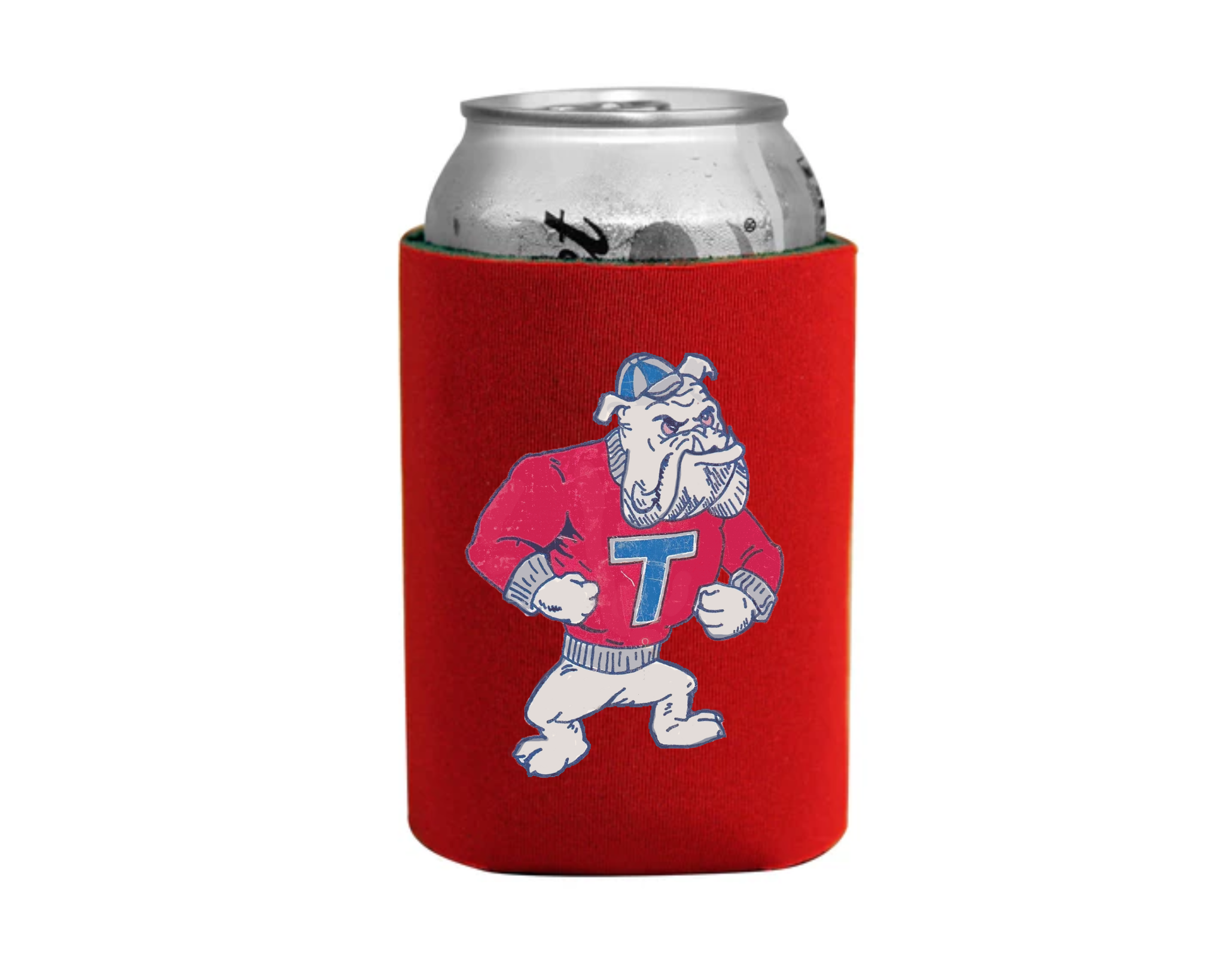 Louisiana Tech Bulldogs red can koozie featuring a vintage standing bulldog mascot wearing a red sweater with a T logo.
