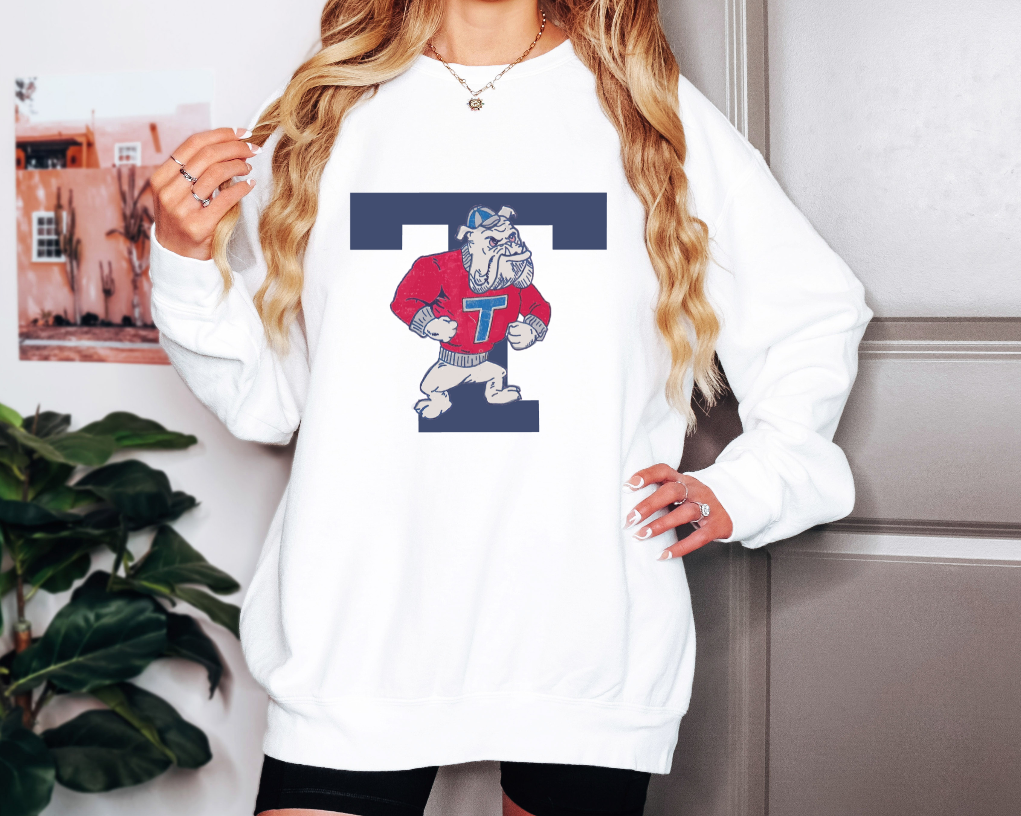 Louisiana Tech Bulldogs white Comfort Colors crewneck sweatshirt featuring a vintage standing bulldog mascot inside a navy block T design.