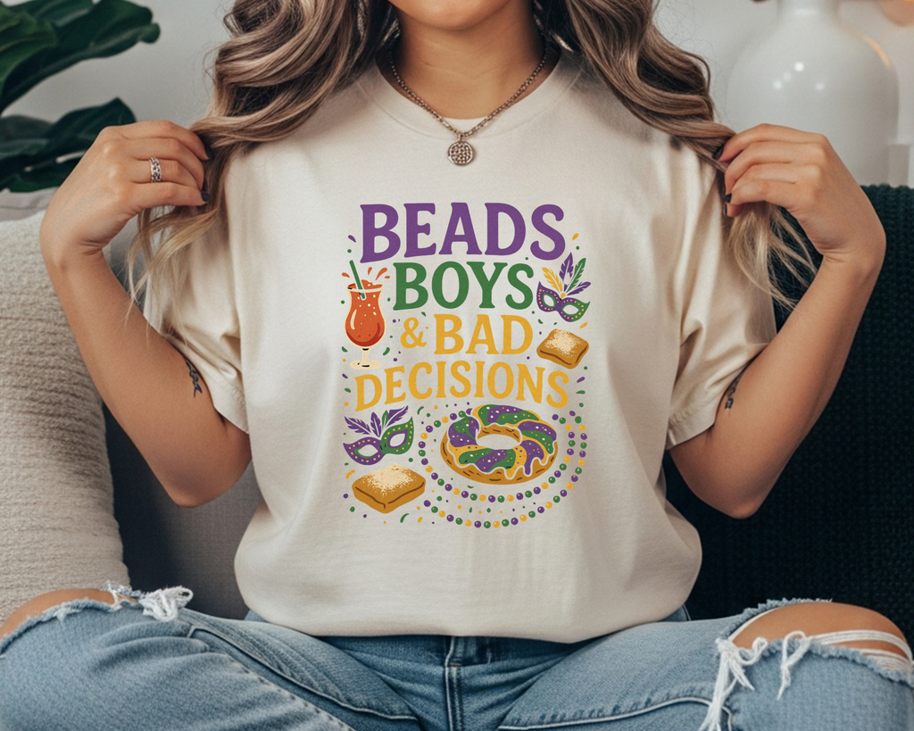Beads, Boys & Bad Decisions Comfort Colors Tee | Mardi Gras Shirt