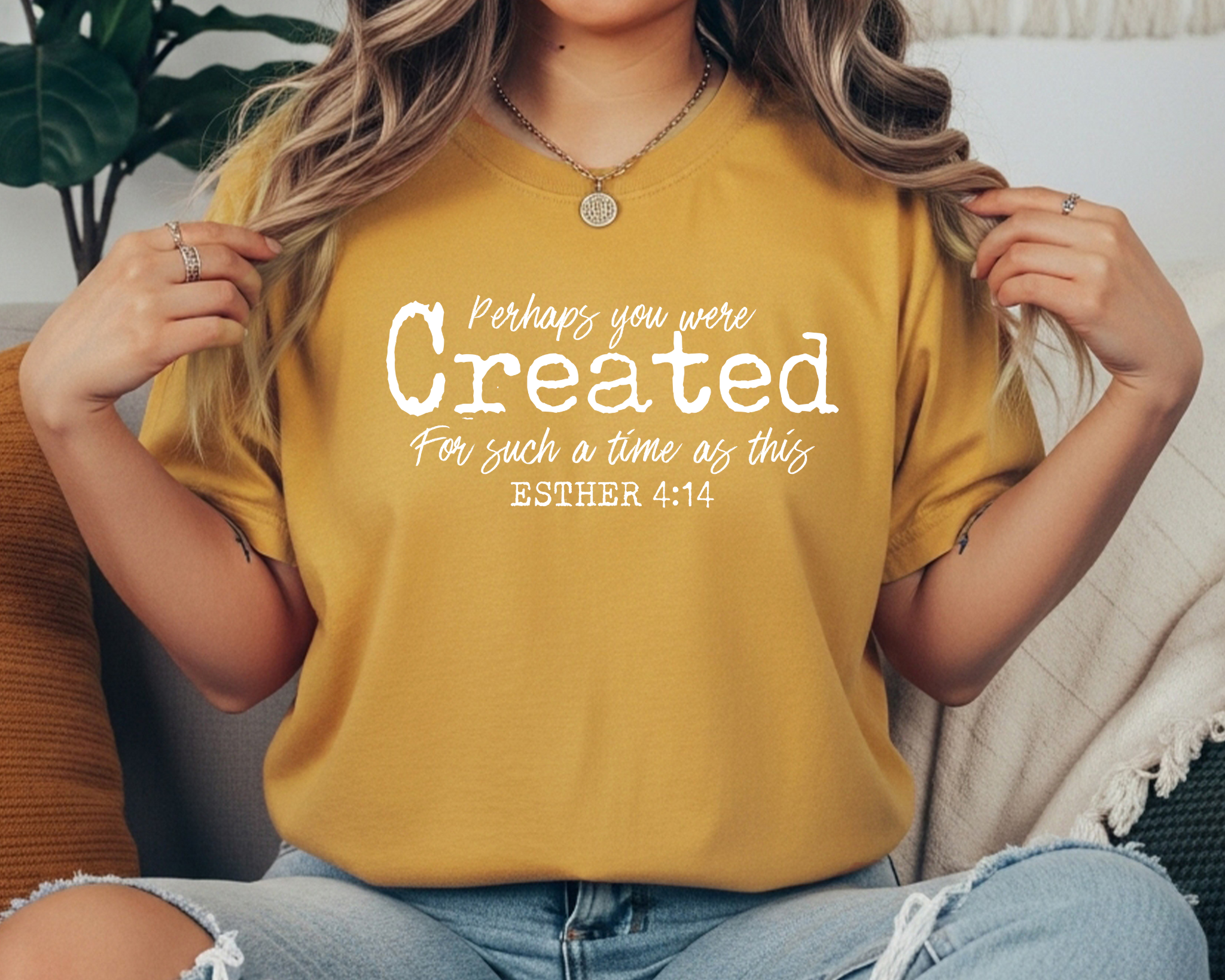 MUSTARD Comfort Colors tee with “Perhaps you were created for such a time as this - Esther 4:14” faith design in white lettering.

