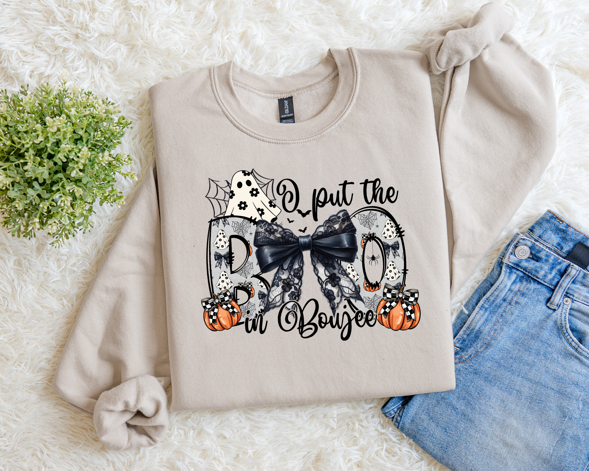 Neutral Halloween sweatshirt with black lace bow, pumpkins, bats, and text reading “I Put the Boo in Boujee.”