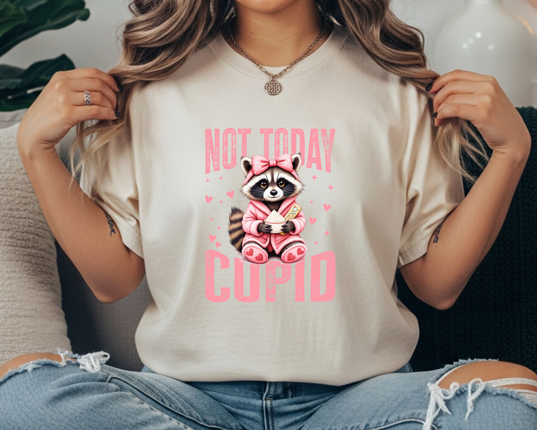 Not Today Cupid Comfort Colors tee featuring a cute raccoon Valentine graphic. Soft garment-dyed unisex shirt perfect for Valentine’s Day with a fun, cozy vibe