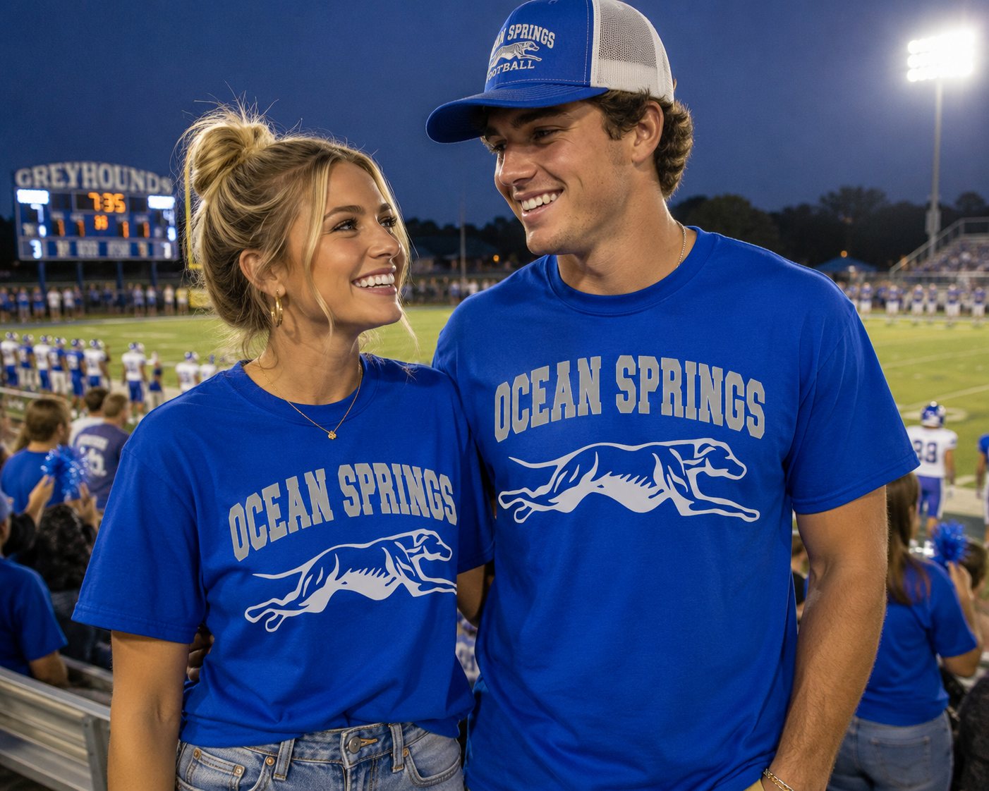 Ocean Springs Football Graphic Tee - Greyhound Game Day Shirt - Royal Blue Gildan Unisex Fit Spirit Tee