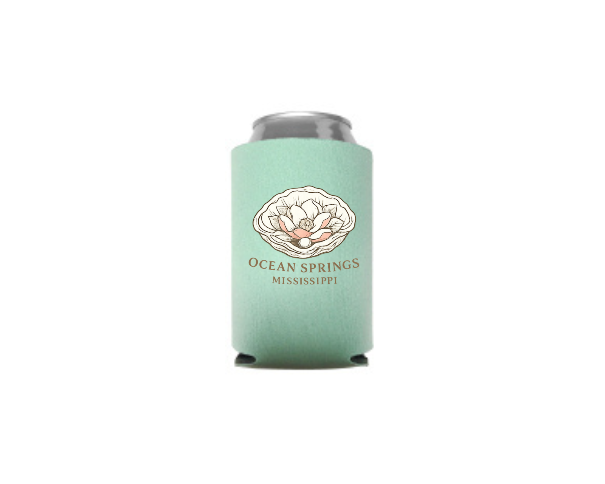 Mint green can cooler with 'Ocean Springs, Mississippi' text and logo on a white background