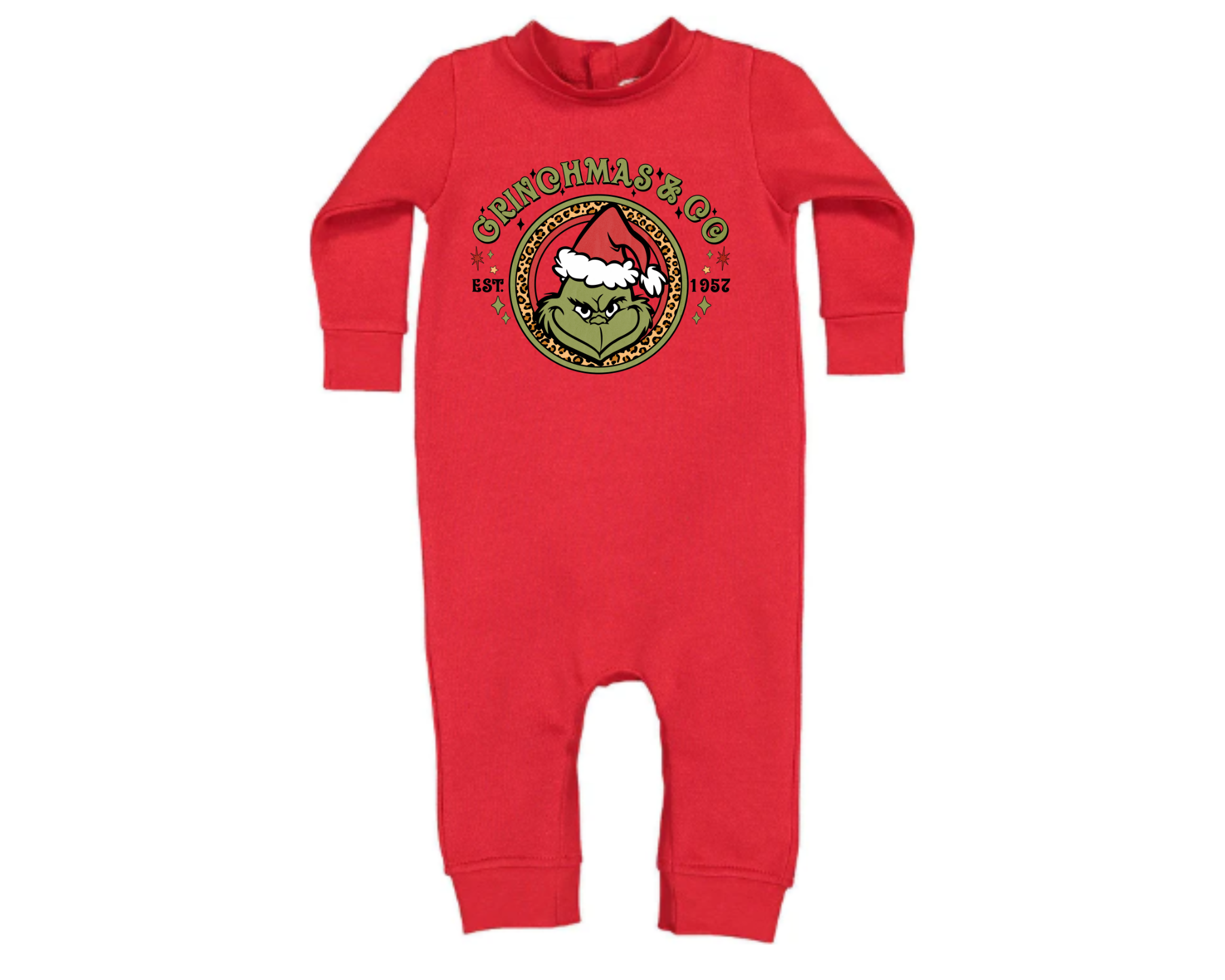 Red infant fleece bodysuit with “Grinchmas & Co.” design featuring green Grinch face and Santa hat — cozy Christmas baby outfit.