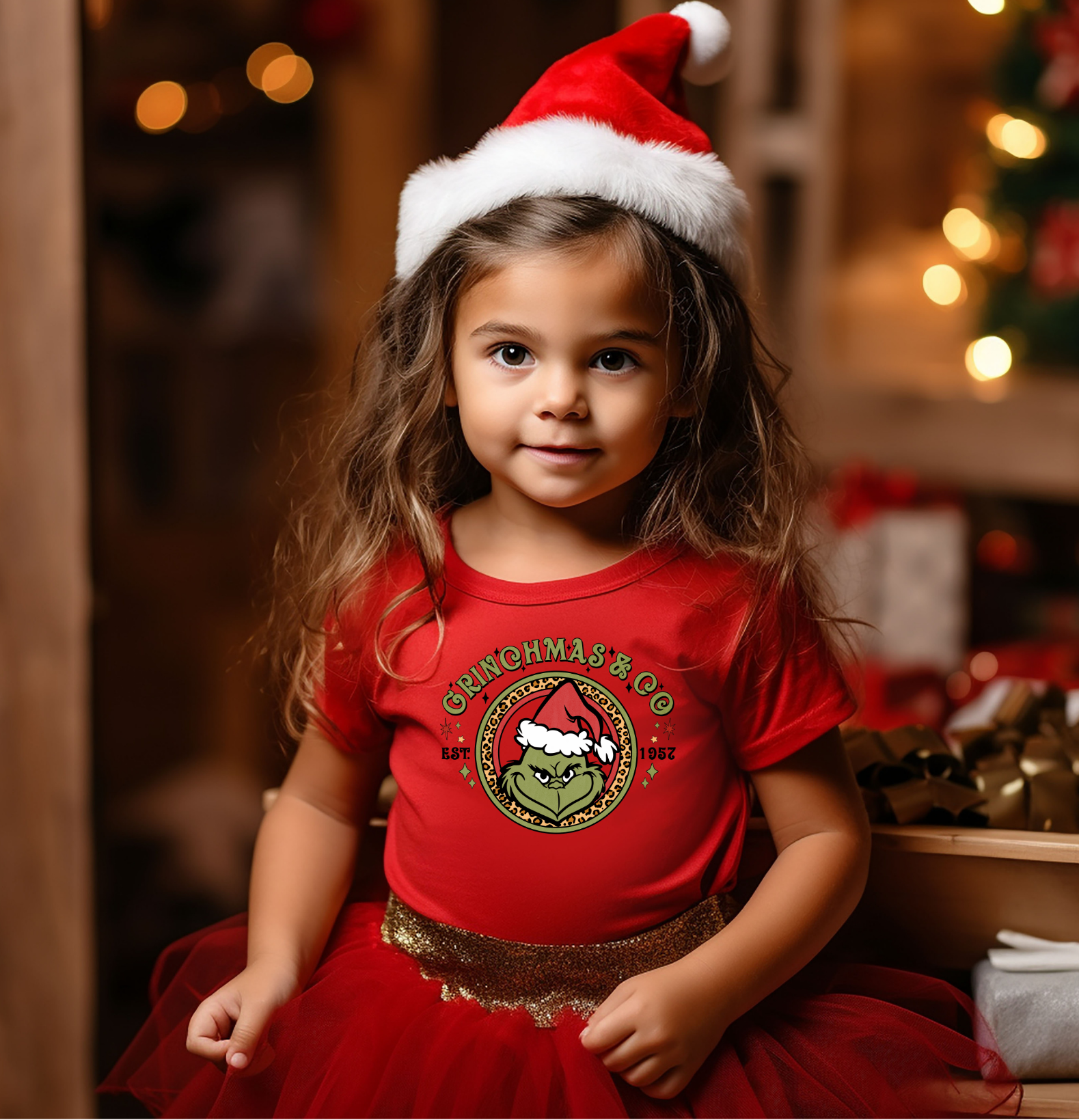 A young girl wearing a red t-shirt with a festive “Grinchmas & Co.” design featuring a Santa hat graphic, smiling while sitting near Christmas decorations and presents.