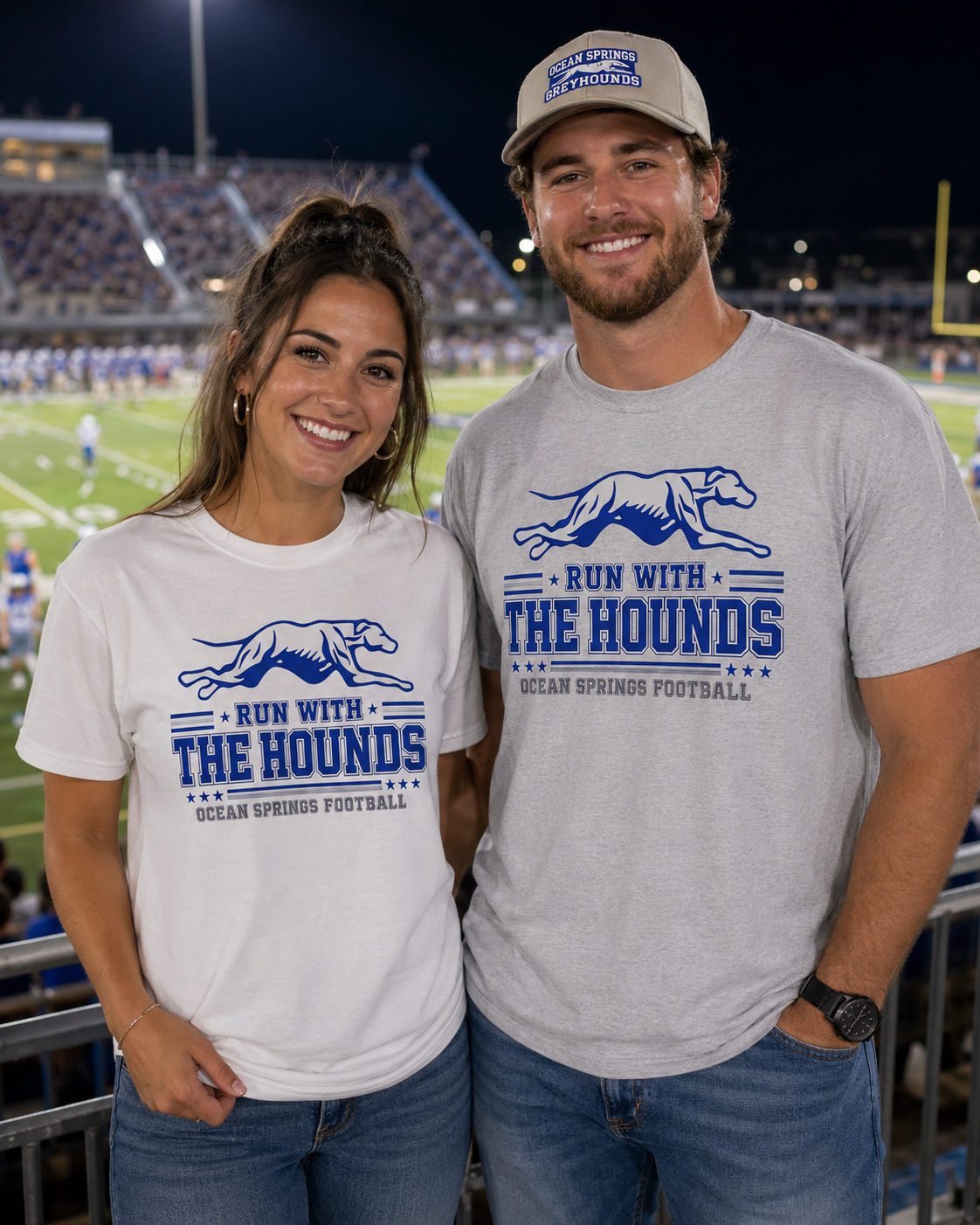 Run with the Hounds Football Graphic Tee - Ocean Springs Greyhound Shirt - Gildan Unisex Fit Spirit Wear Tee