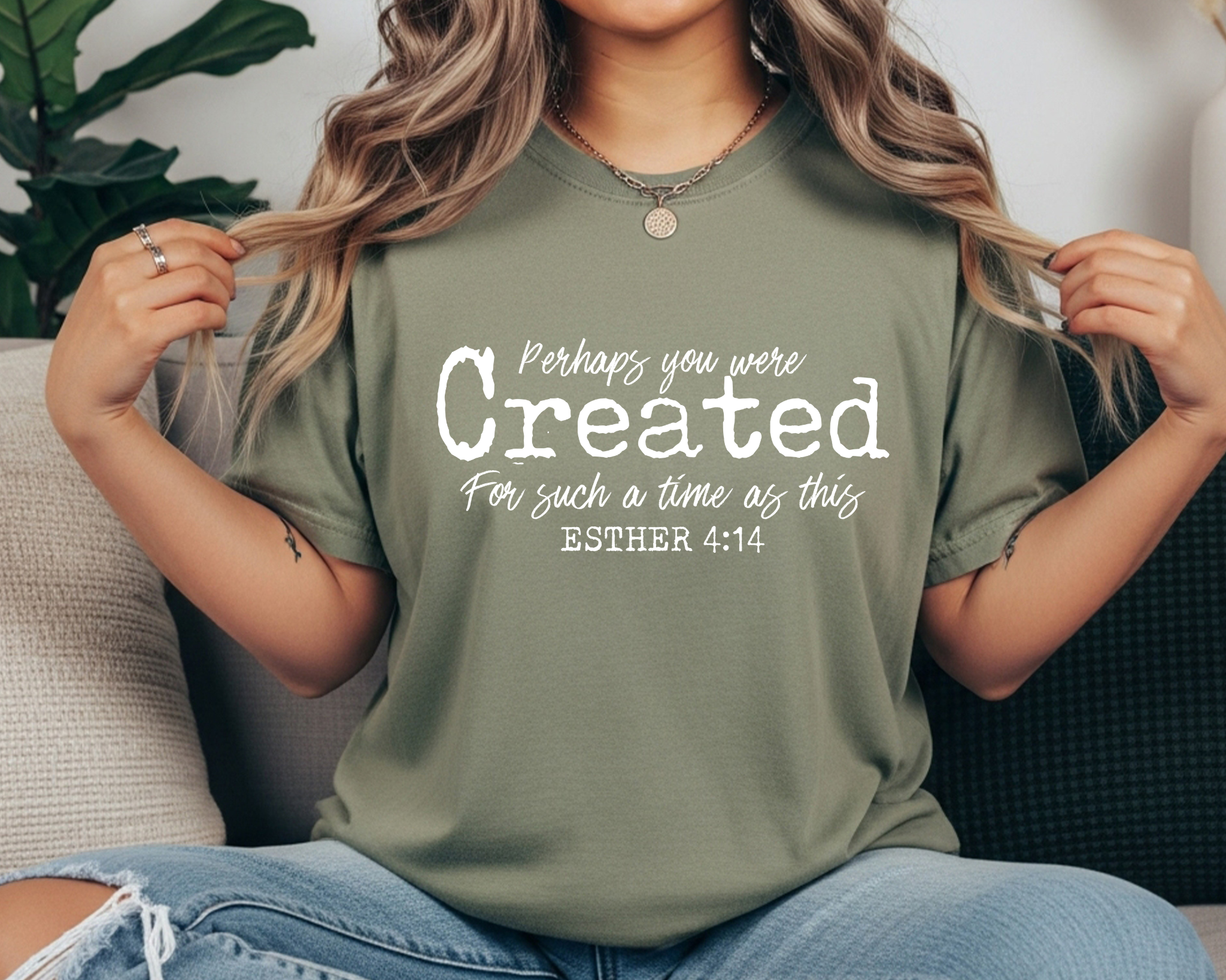 SAGE Comfort Colors tee with “Perhaps you were created for such a time as this - Esther 4:14” faith design in white lettering.