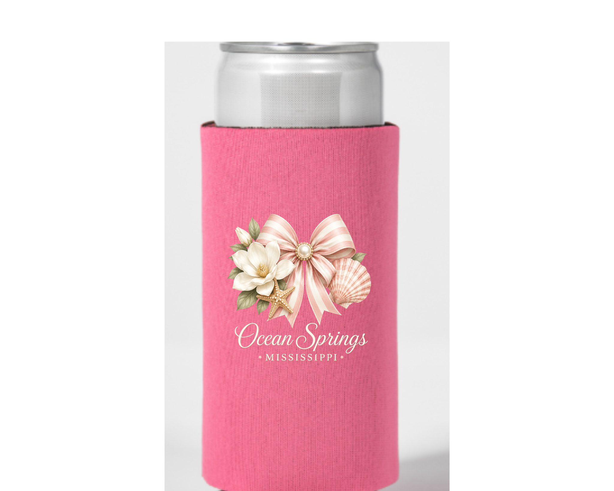 Ocean Springs Mississippi Coastal Bow Koozie | Pink Magnolia Starfish Seashell Slim Can Cooler