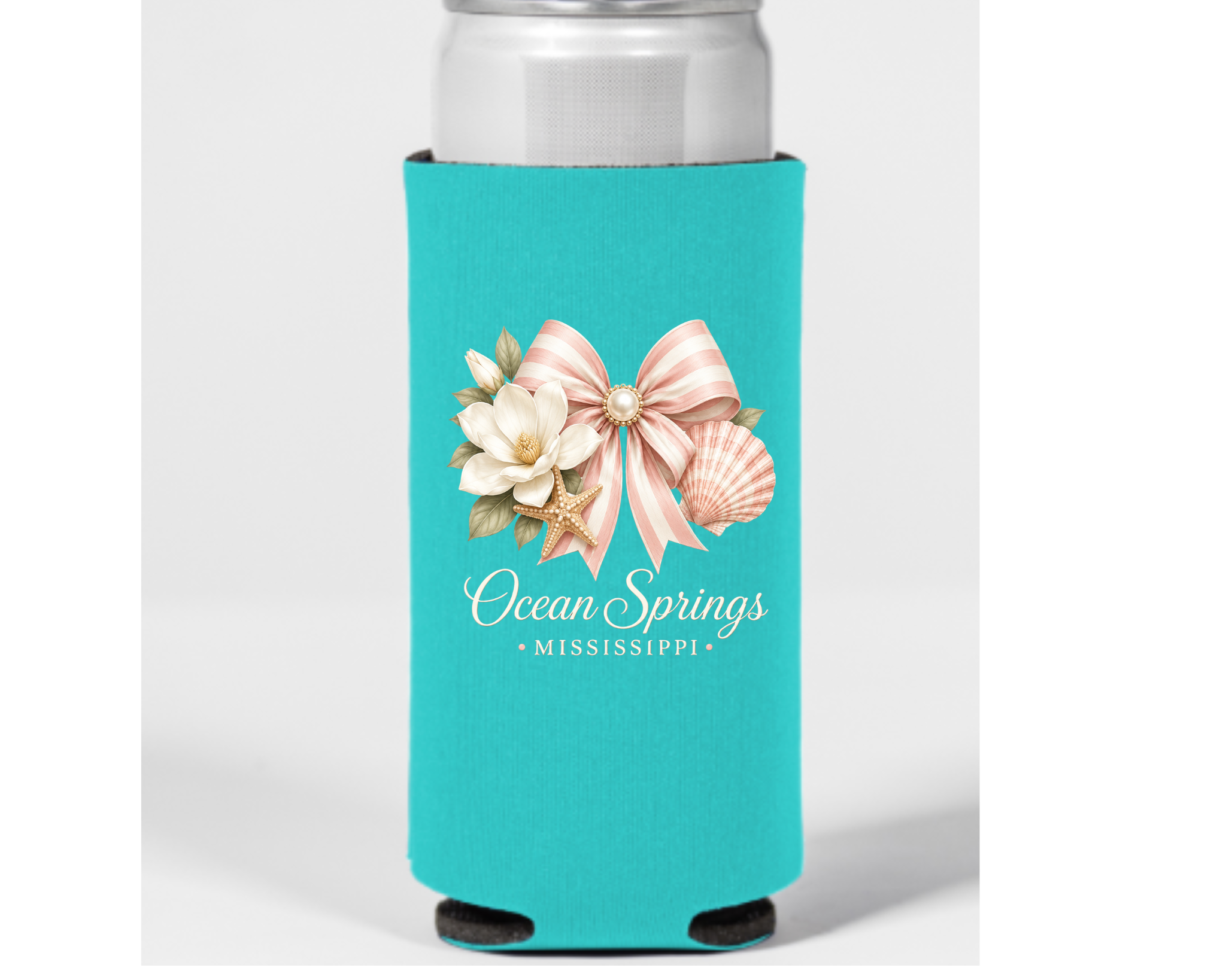Ocean Springs Mississippi Coastal Bow Koozie | Pink Magnolia Starfish Seashell Slim Can Cooler