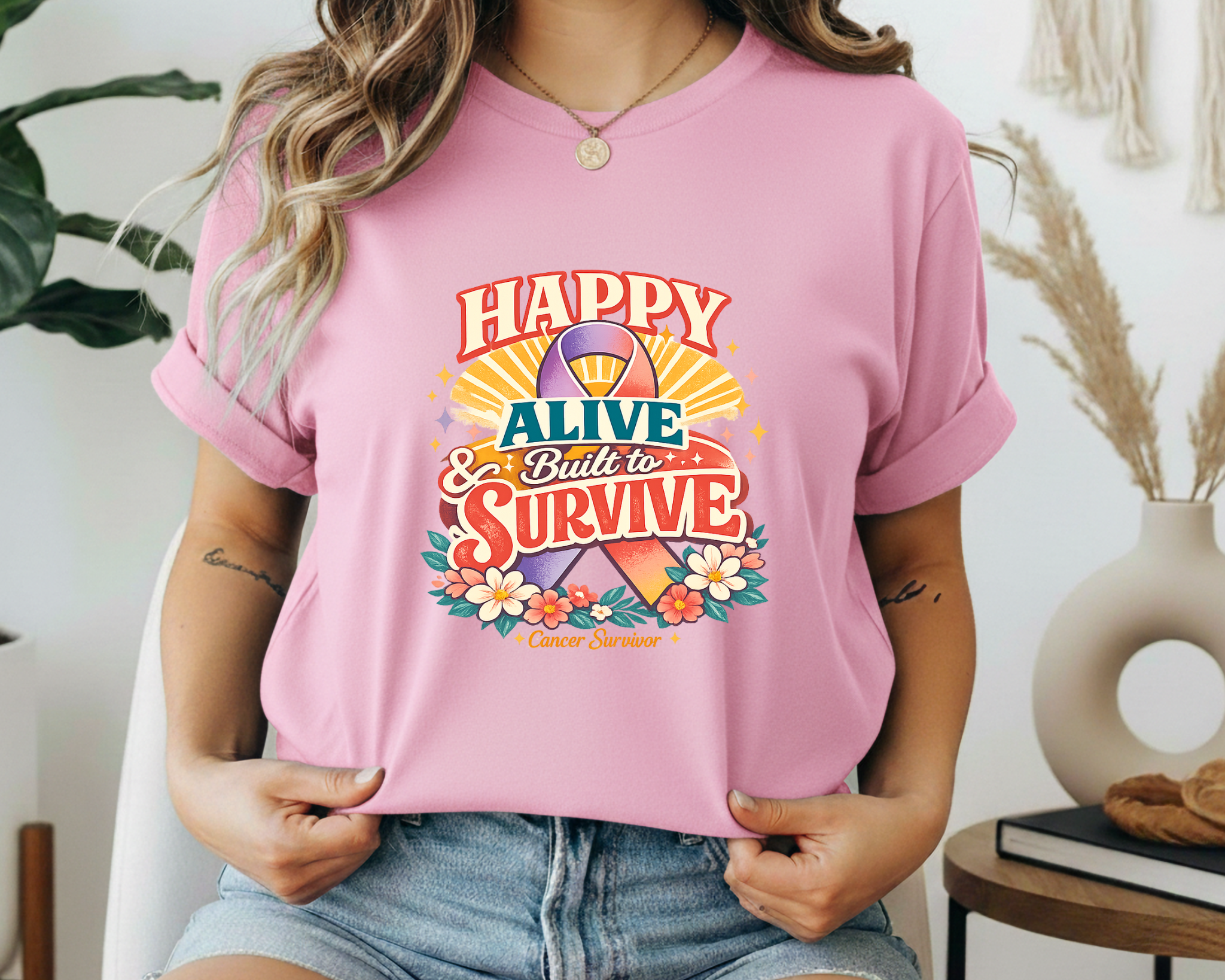 Cancer Survivor Shirt, Happy Alive & Built to Survive Graphic Tee, Cancer Awareness Ribbon T-Shirt, Survivor Gift Shirt