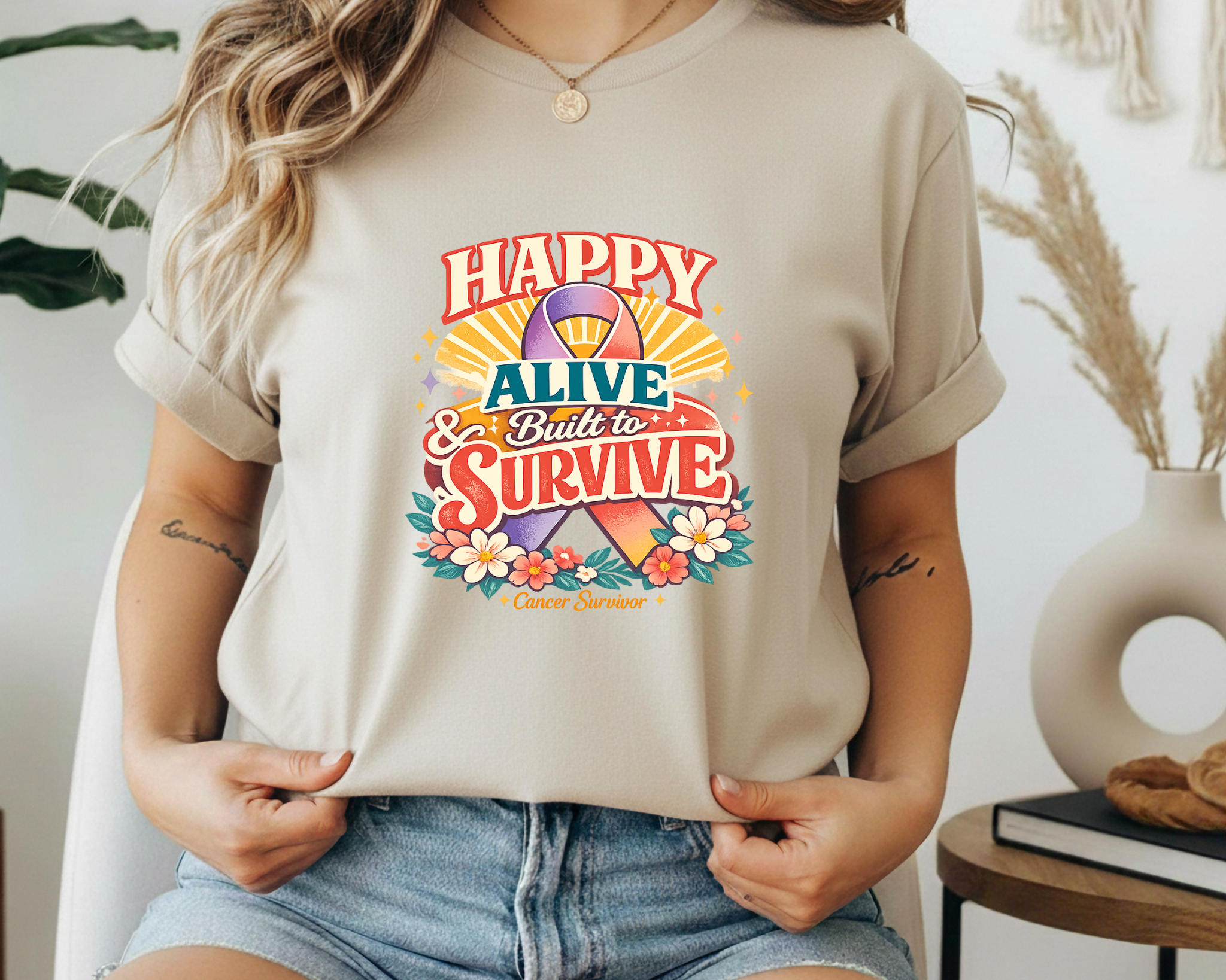 Cancer Survivor Shirt, Happy Alive & Built to Survive Graphic Tee, Cancer Awareness Ribbon T-Shirt, Survivor Gift Shirt