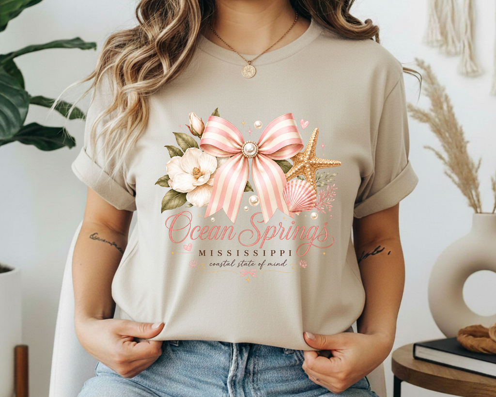 Ocean Springs Mississippi Coastal Bow Graphic Tee | Gildan Beach Vacation Shirt