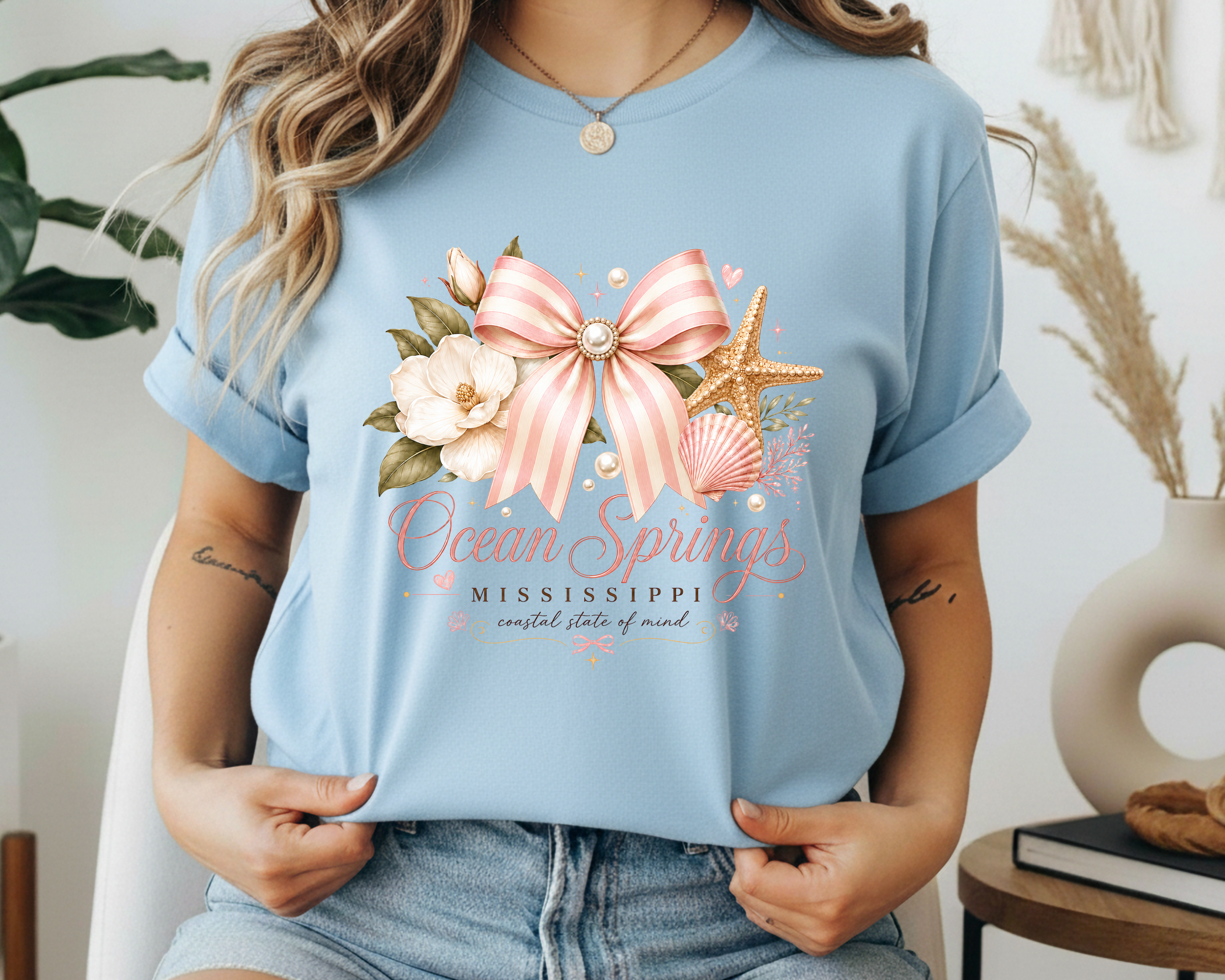 Ocean Springs Mississippi Coastal Bow Graphic Tee | Gildan Beach Vacation Shirt