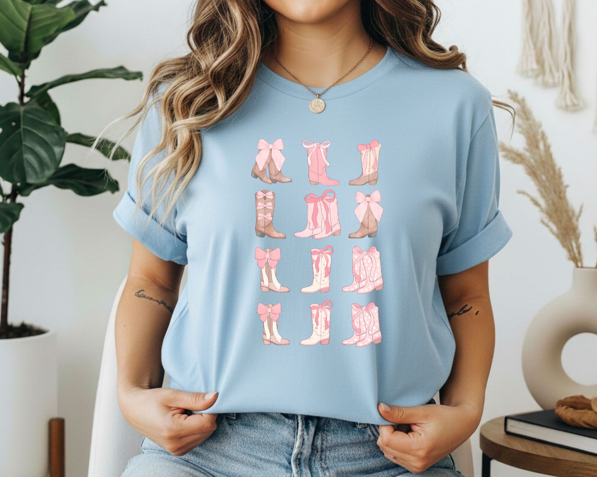 Coquette Cowgirl Boots Graphic Tee – Pink Bow Western Shirt – Girly Western T-Shirt – Boutique Cowgirl Tee