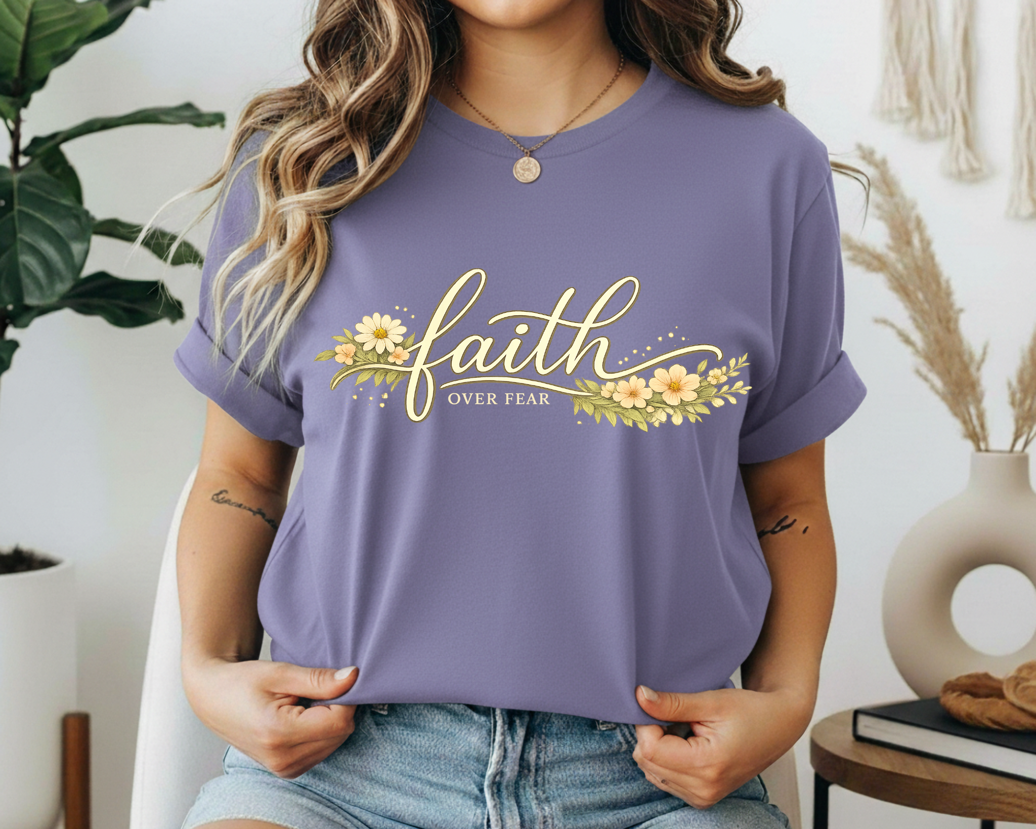 Faith Over Fear Floral Graphic Tee – Christian Shirt for Women – Inspirational Bible Verse Tee – Faith Based Boutique Shirt