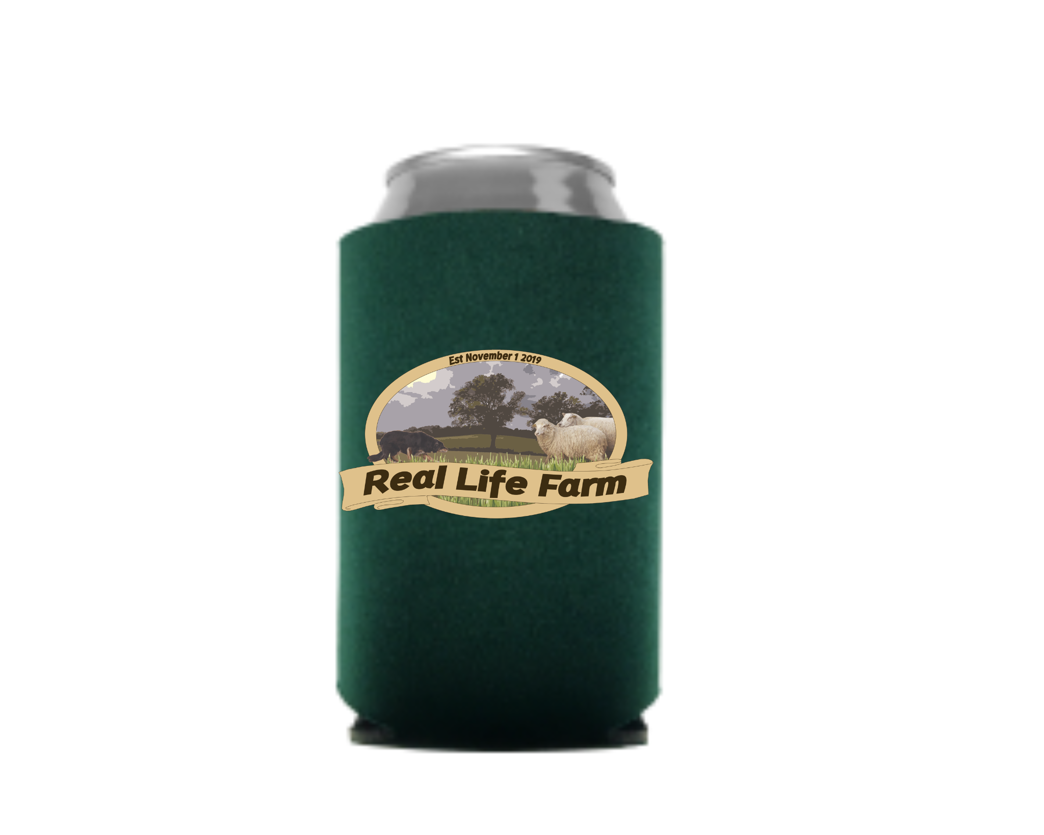 Real Life Farm Logo Can Koozie