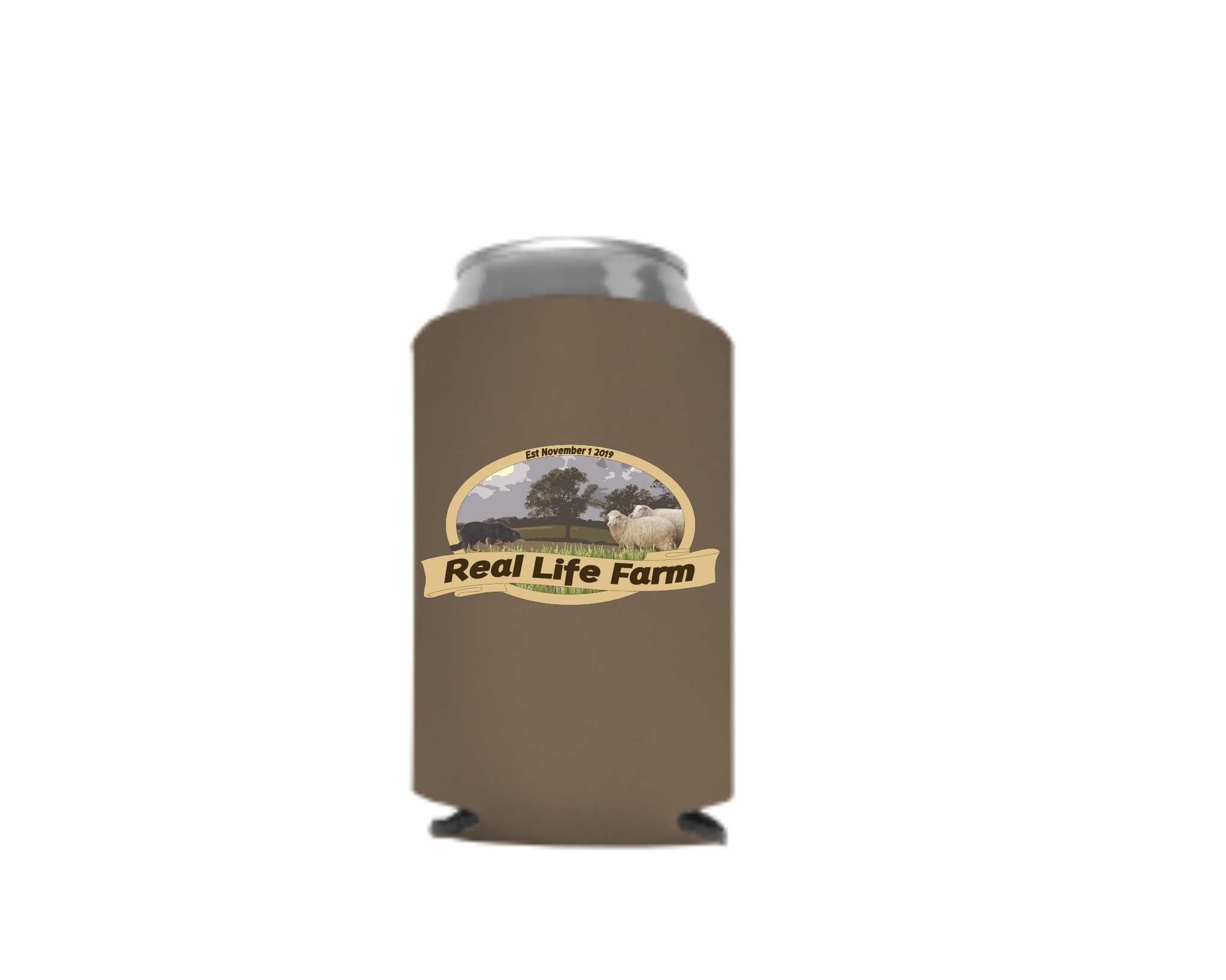 Real Life Farm Logo Can Koozie