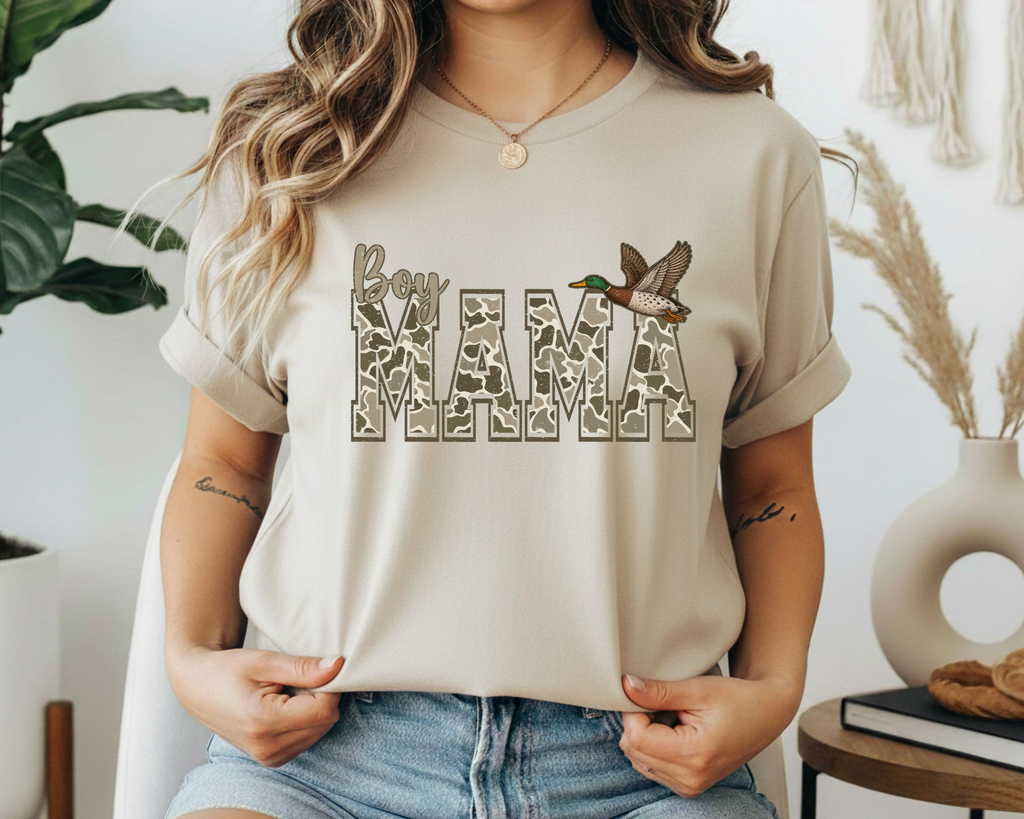 Boy Mama Graphic Tee – Camo Boy Mom Shirt with Duck – Southern Hunting Mom T-Shirt – Country Lifestyle Graphic Tee