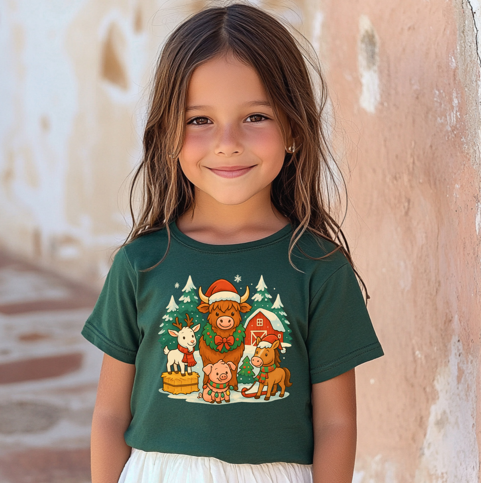 Kids Farm Christmas T-Shirt – Holiday Animal Barnyard Tee | Highland Cow, Reindeer & Pig Christmas Shirt